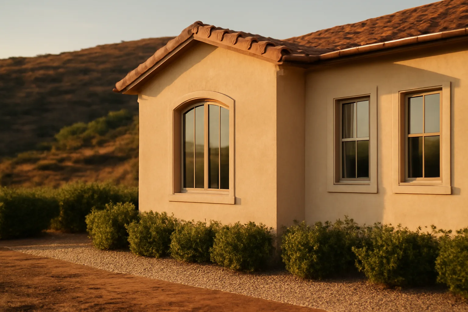House with cleared gravel zone and trimmed vegetation as part of home fire defense system