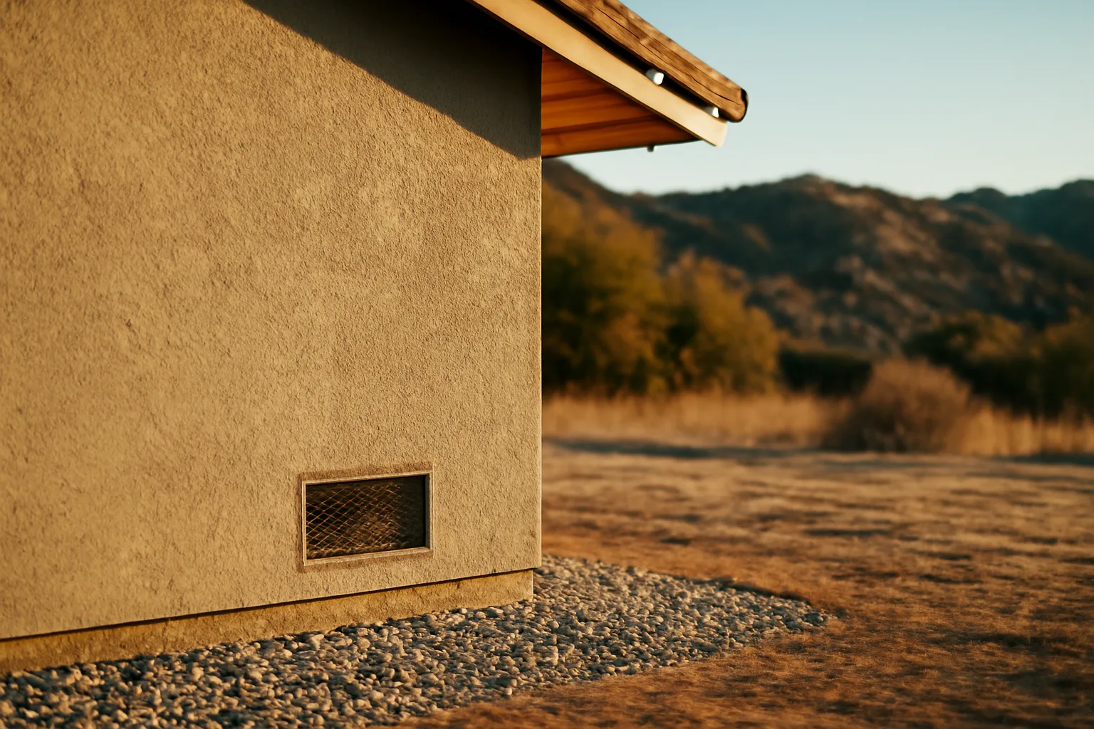Stucco home foundation with gravel zone and metal vent screen for wildfire home hardening