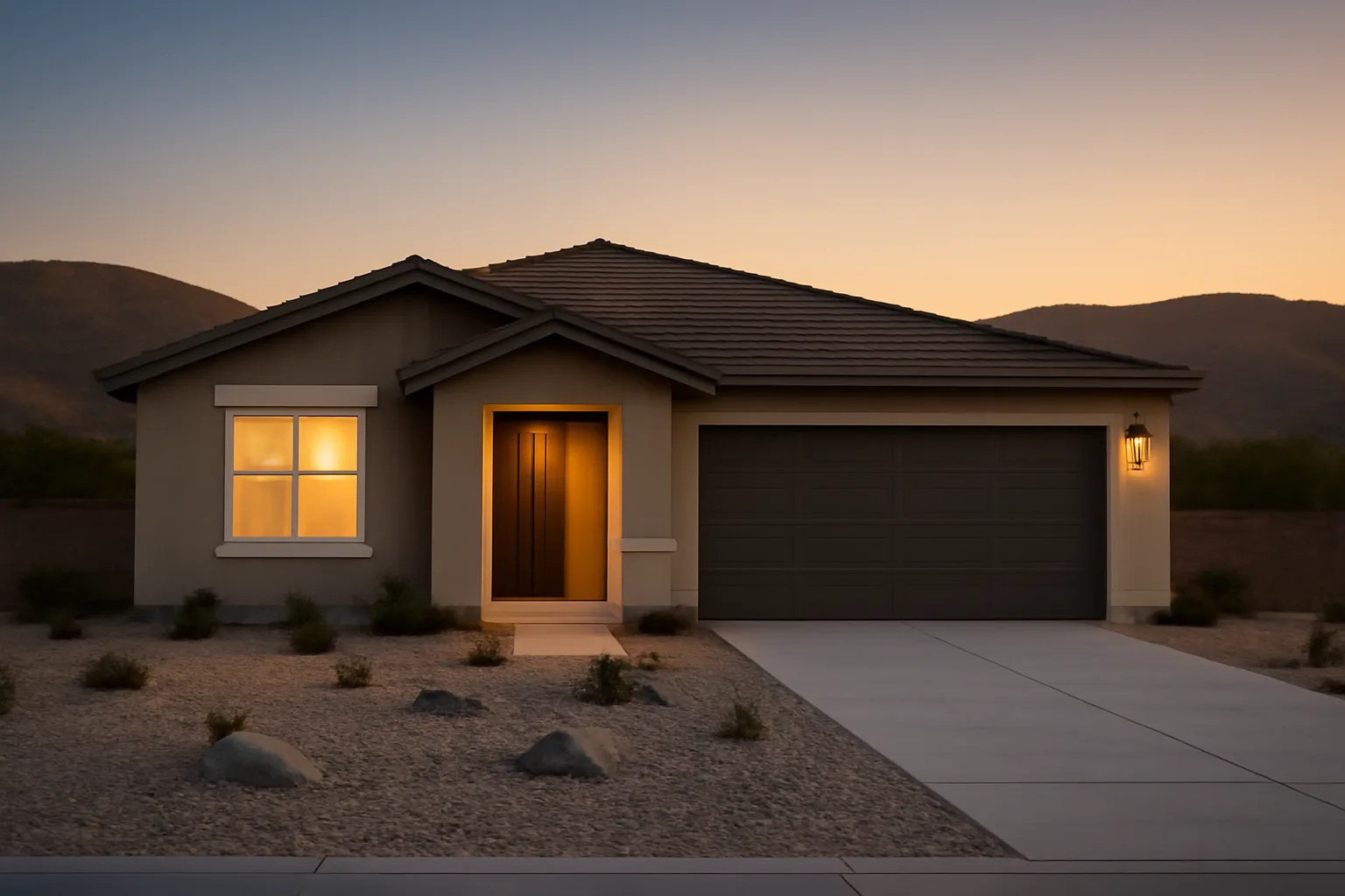 A house with fire glowing on distant hills behind a cleared defensible space zone