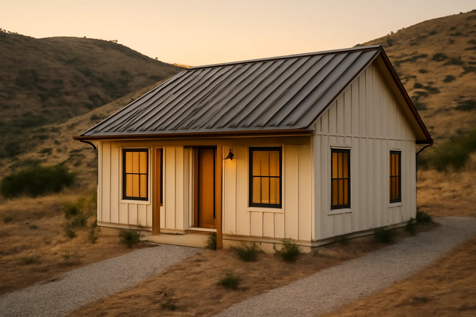 Home with gravel defensible space zone and metal roof beside dry chaparral hillside