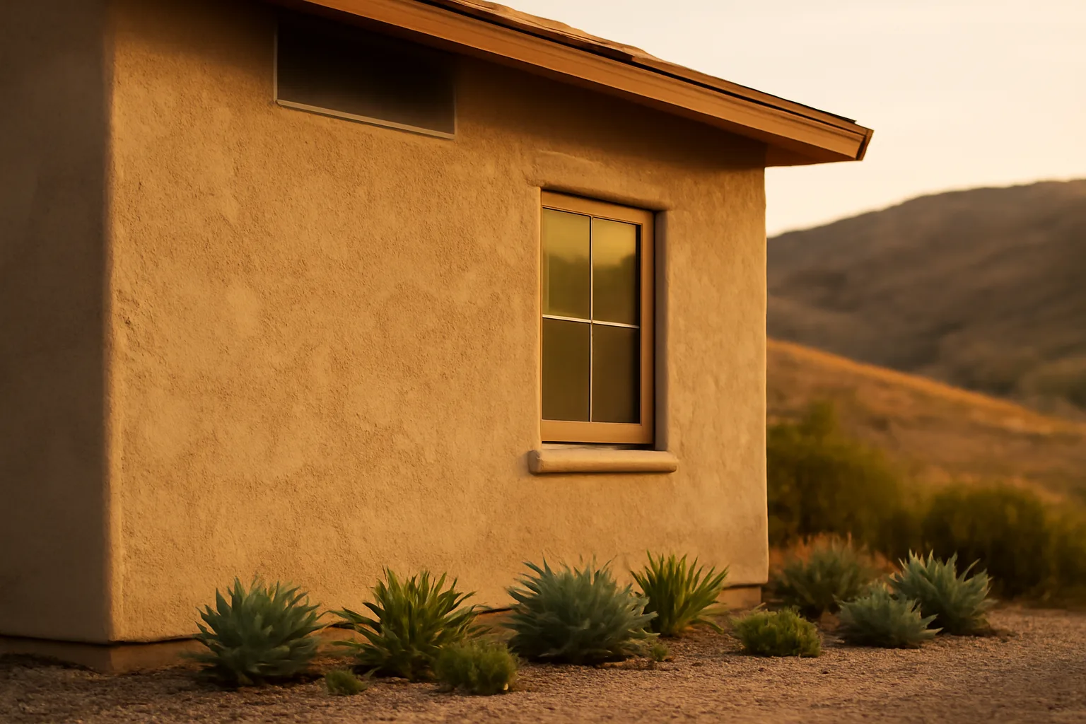 Fire resistant home with stucco siding, gravel zone, and ember-resistant vent near hillside