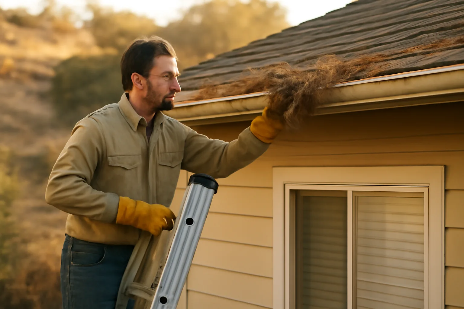 Homeowner clearing gutter debris to help prevent a house fire from wildfire embers