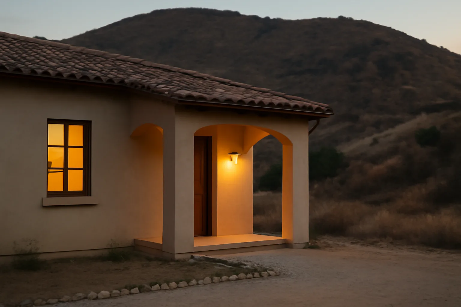 House with cleared defensible space zone against dry hillside at dusk