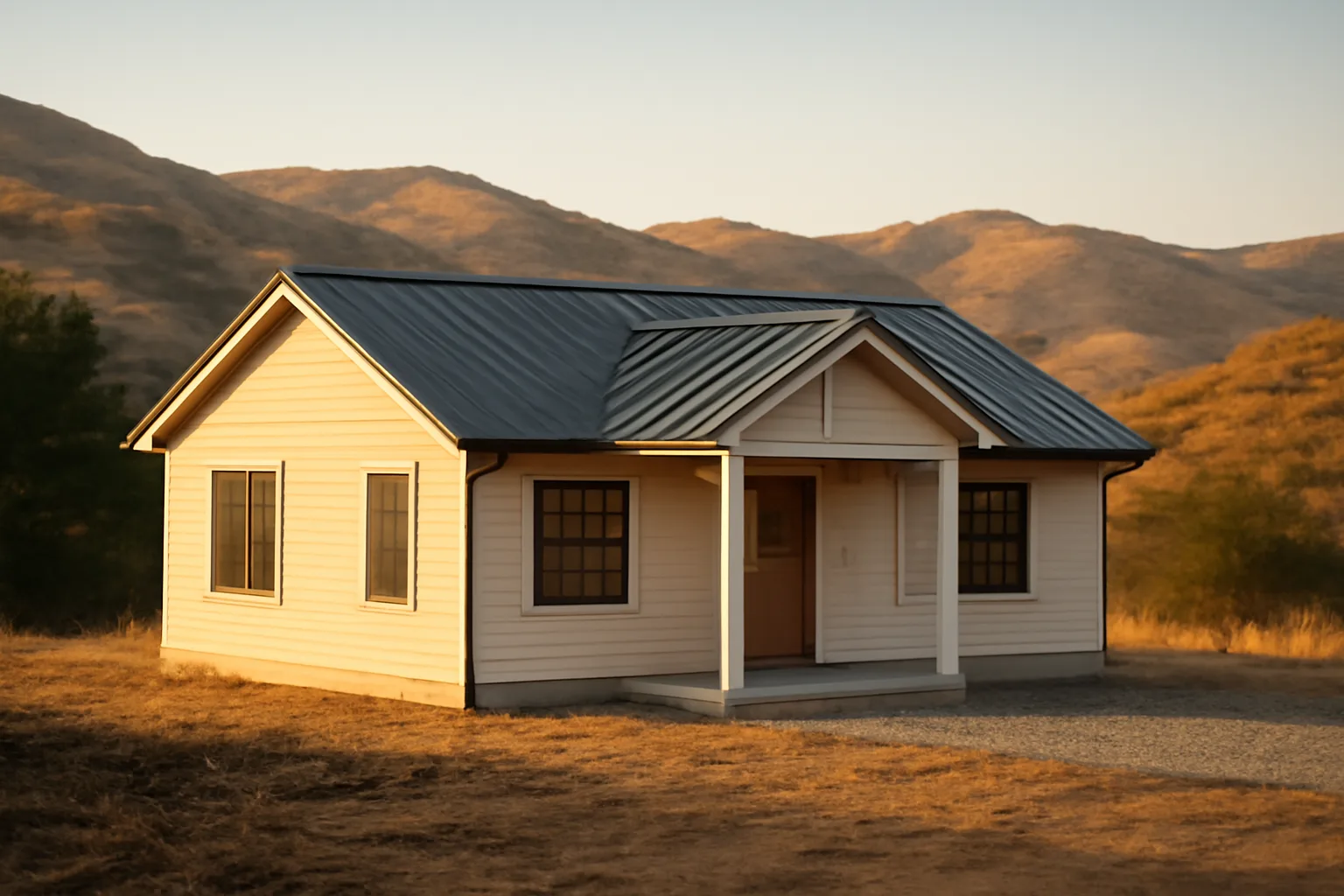 Cleared gravel zone and metal roof on a hillside home showing wildfire prevention landscaping