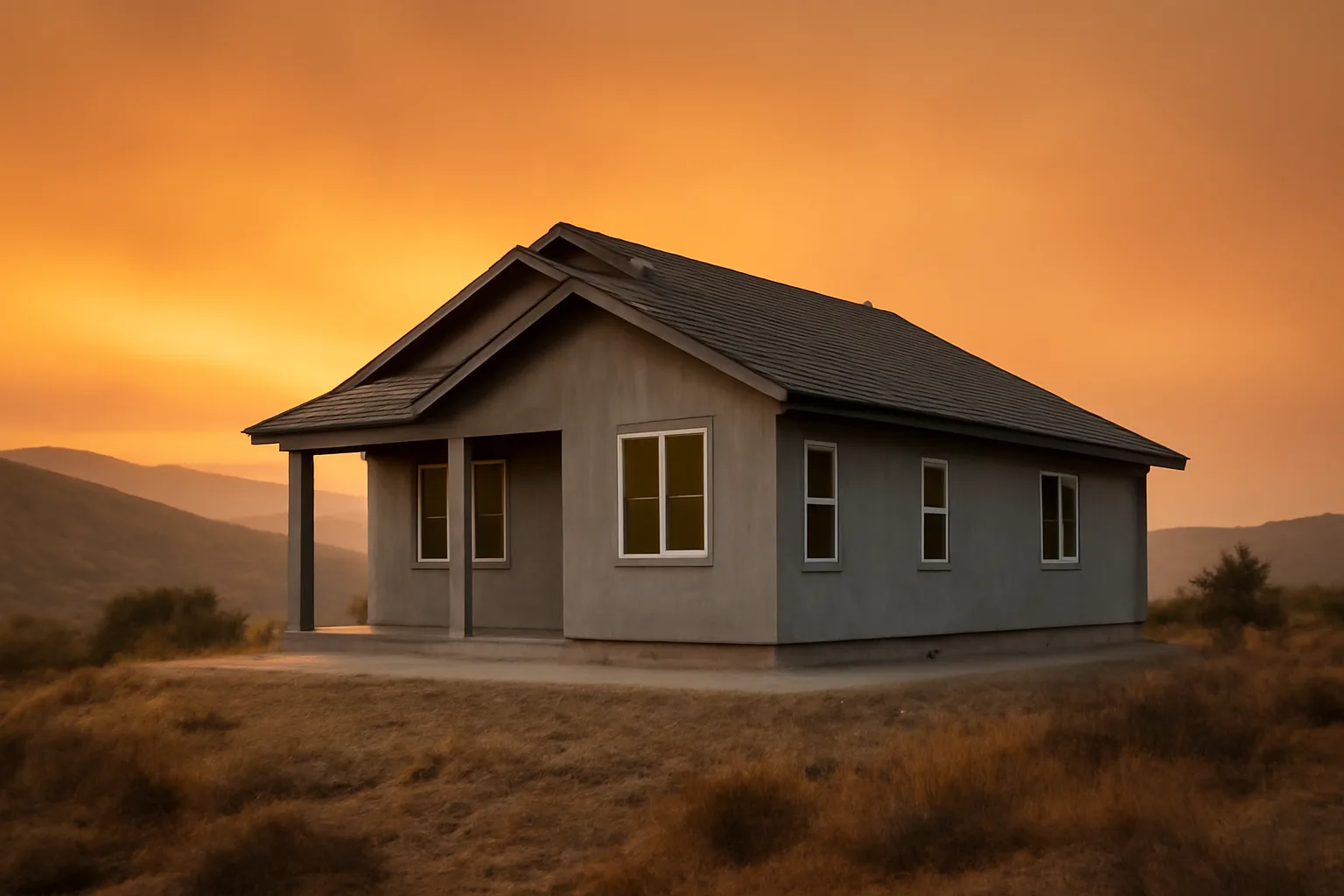 Home with cleared defensible space perimeter against a distant smoky wildfire sky