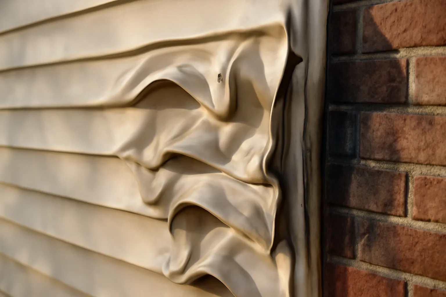 Melted and warped vinyl siding panels exposing wall sheathing after heat exposure