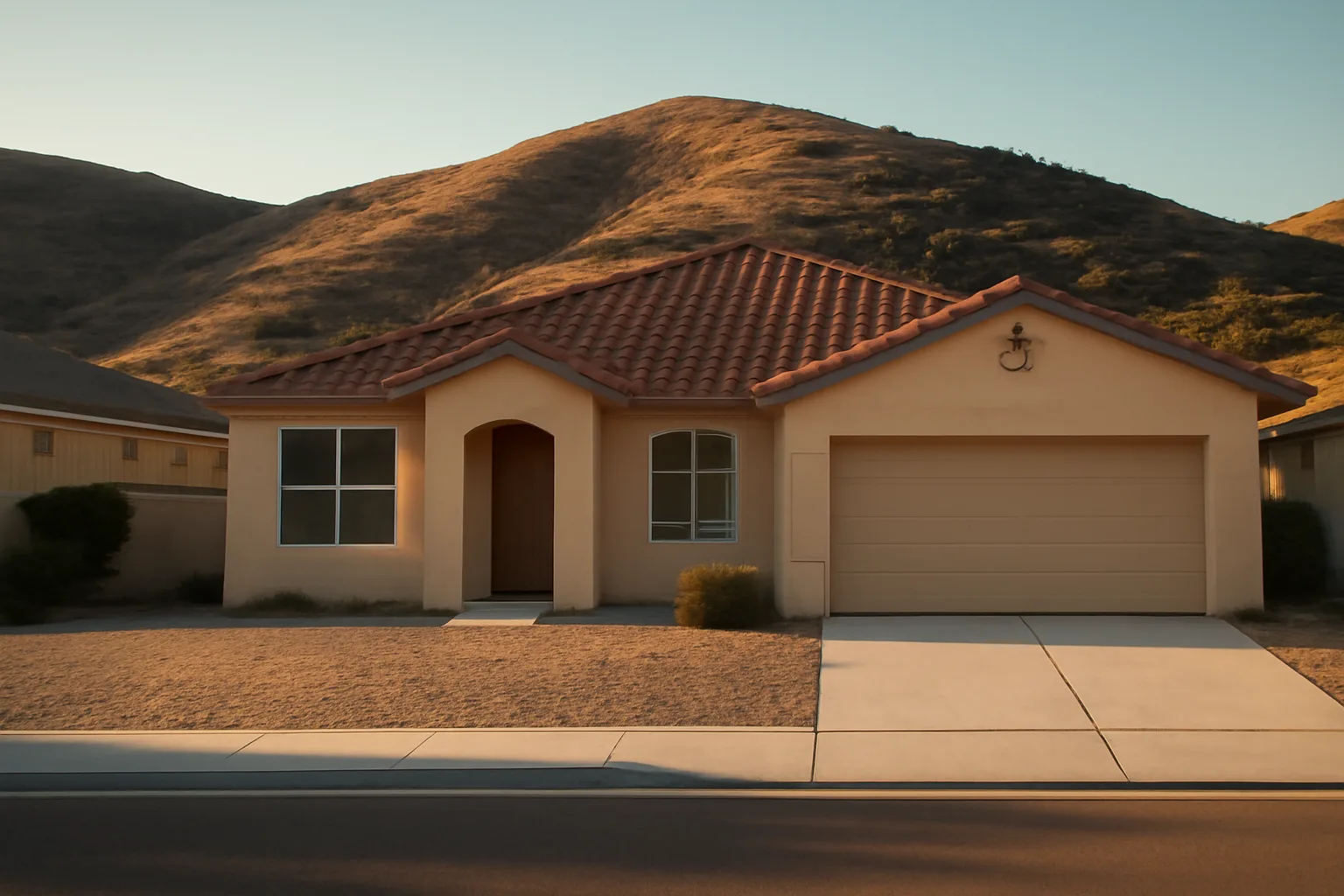 Stucco home with tile roof and cleared yard against dry hillside near Escondido