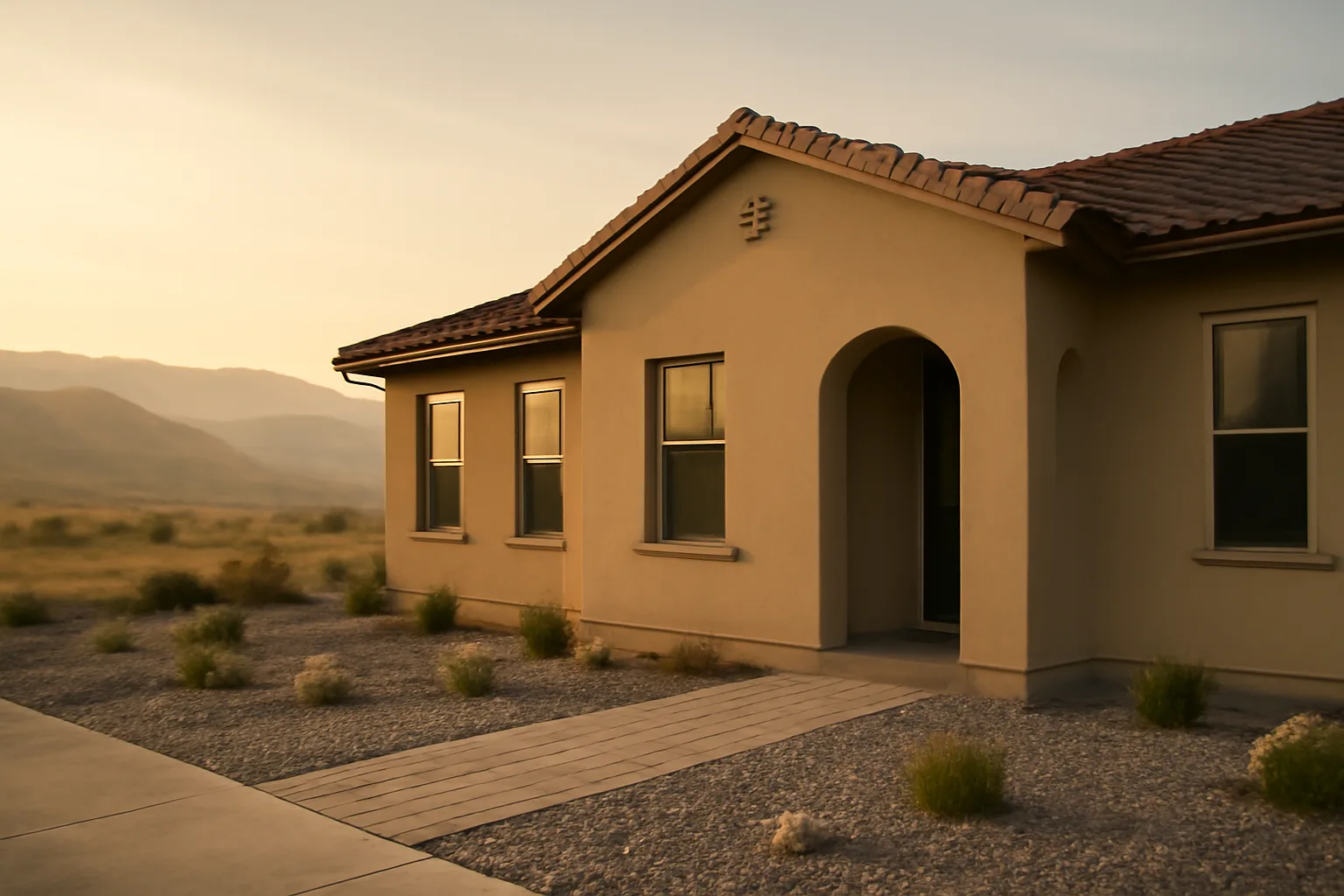 Home with a noncombustible gravel buffer zone against the foundation near dry wildland hills
