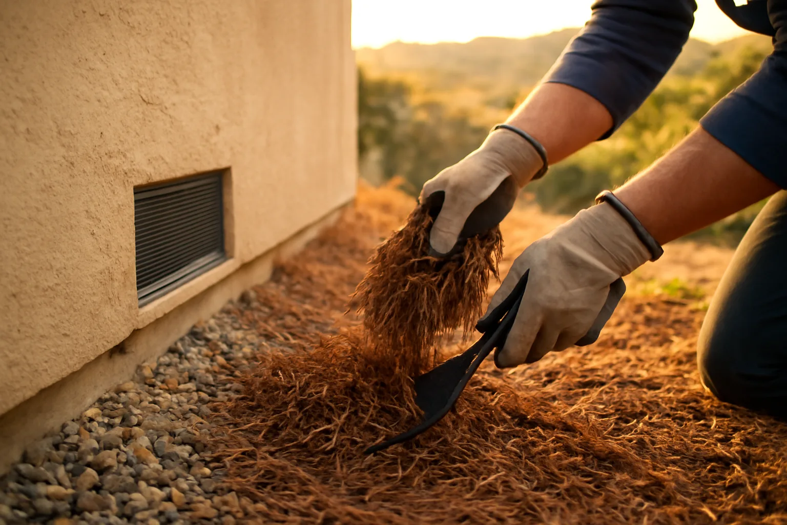 Homeowner clearing dry debris near a house foundation to prevent house fire