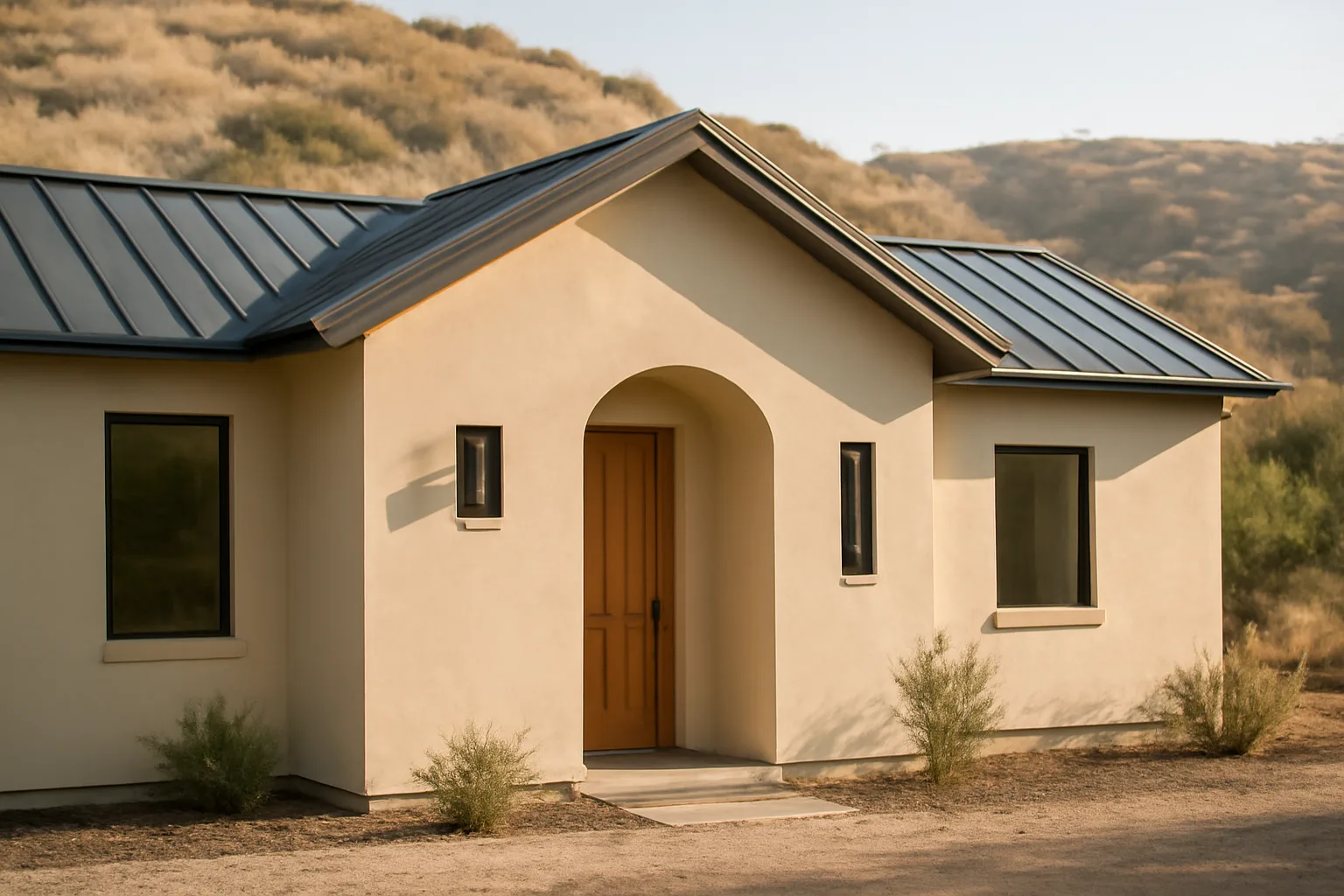 Stucco home with metal roof and gravel border demonstrating fire-resistant building materials