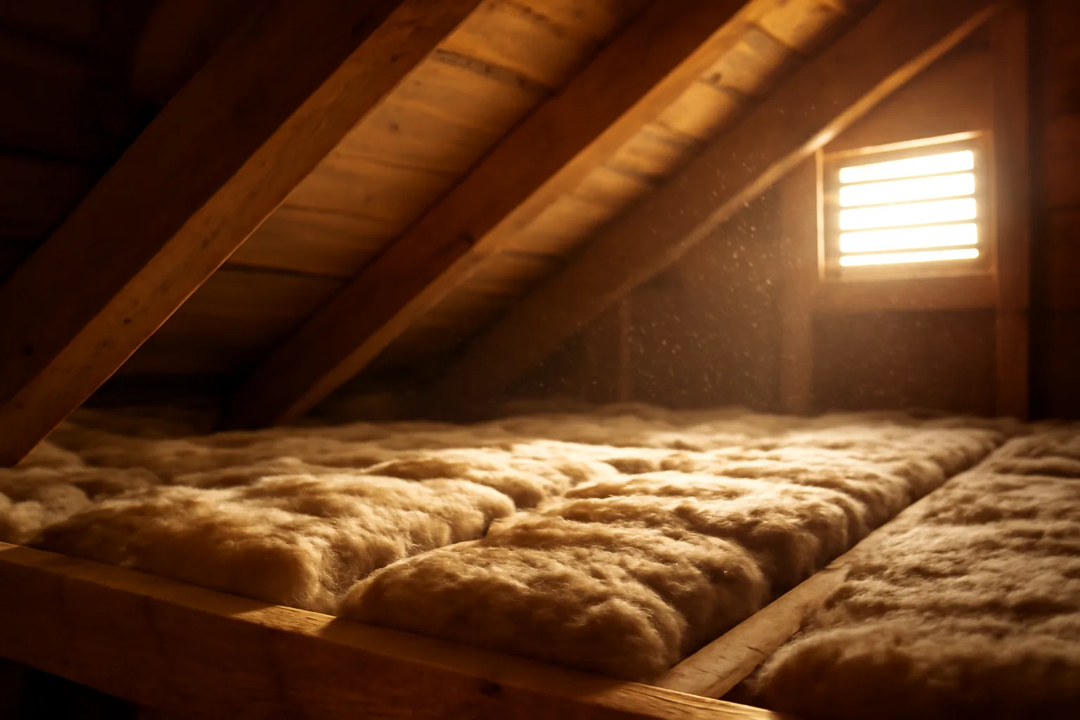 Attic interior showing mineral wool insulation batts installed between wood rafters