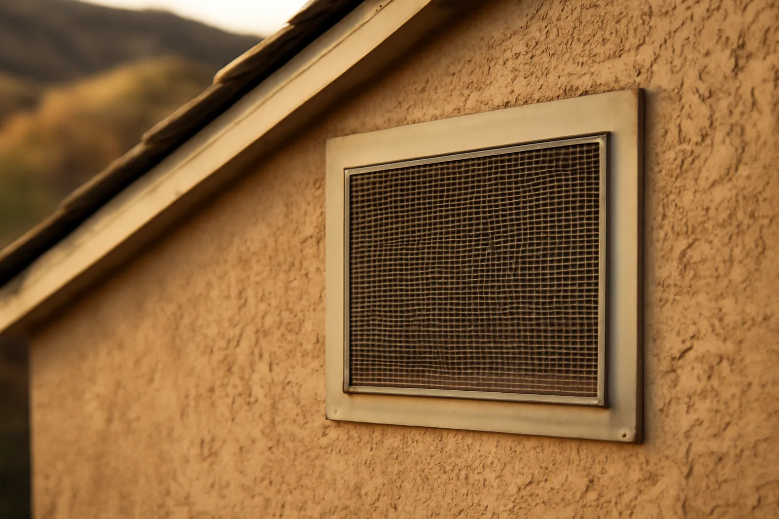 Fine metal wildfire defense mesh installed over a home's attic vent opening