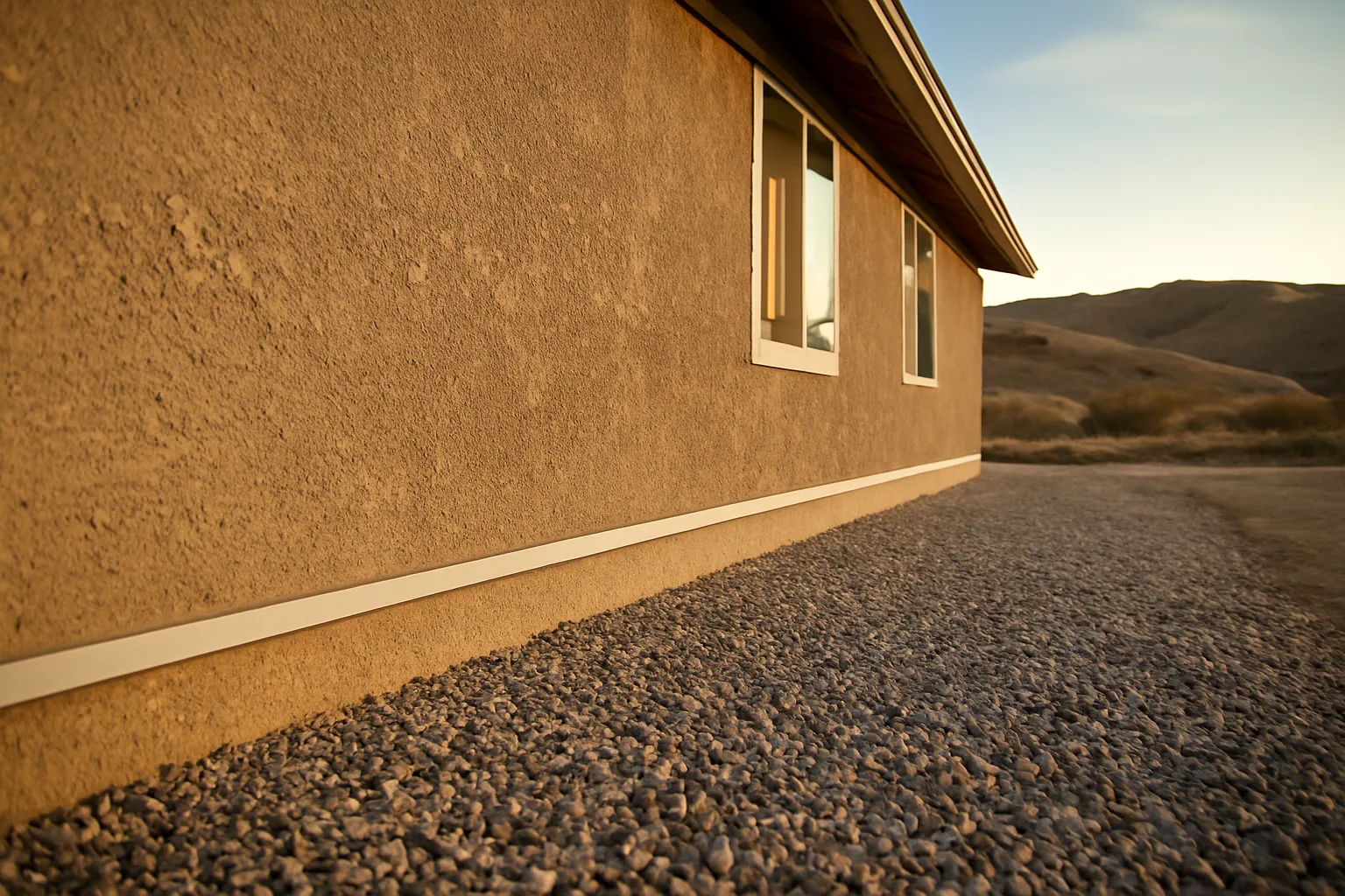 Home exterior showing a cleared gravel buffer zone as wildfire mitigation against dry hillside
