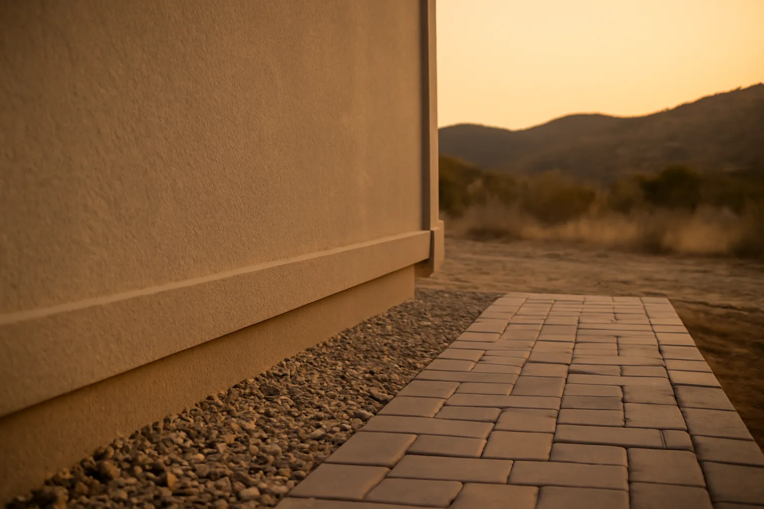 Home foundation with gravel defensible space zone and cleared brush before dry hillside