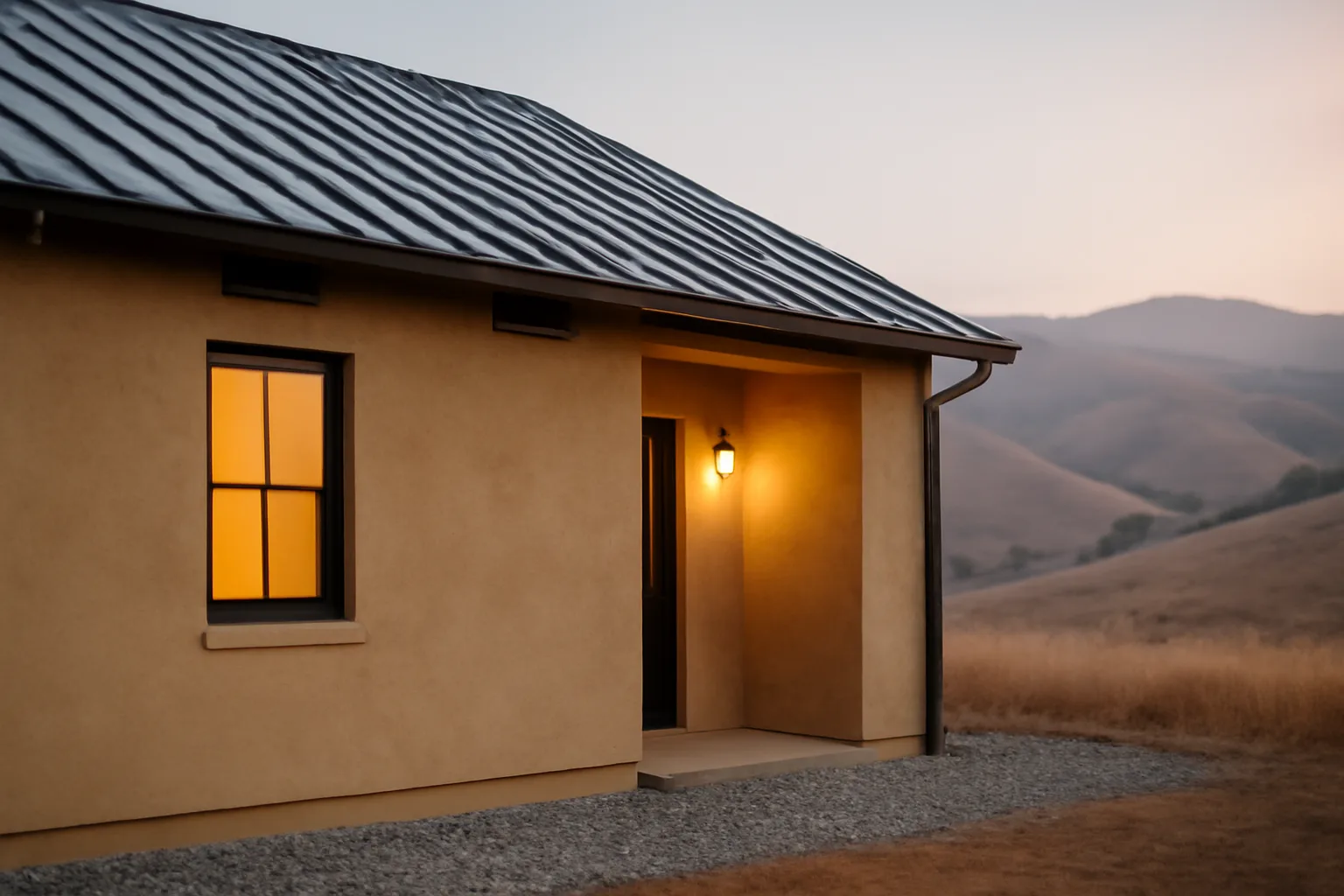 House with hardened roof and cleared defensible space zone against dry wildfire-prone hillside