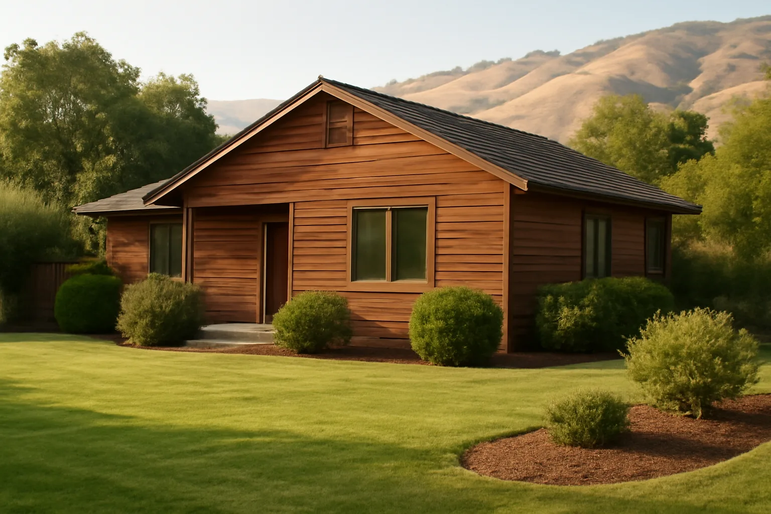 Cleared defensible space zone around a California home near dry foothills