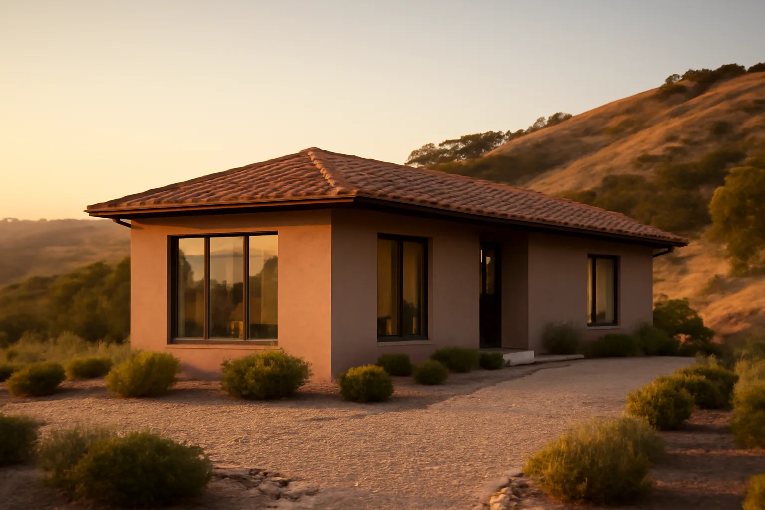 Home with cleared defensible space zone on a dry California hillside at sunset