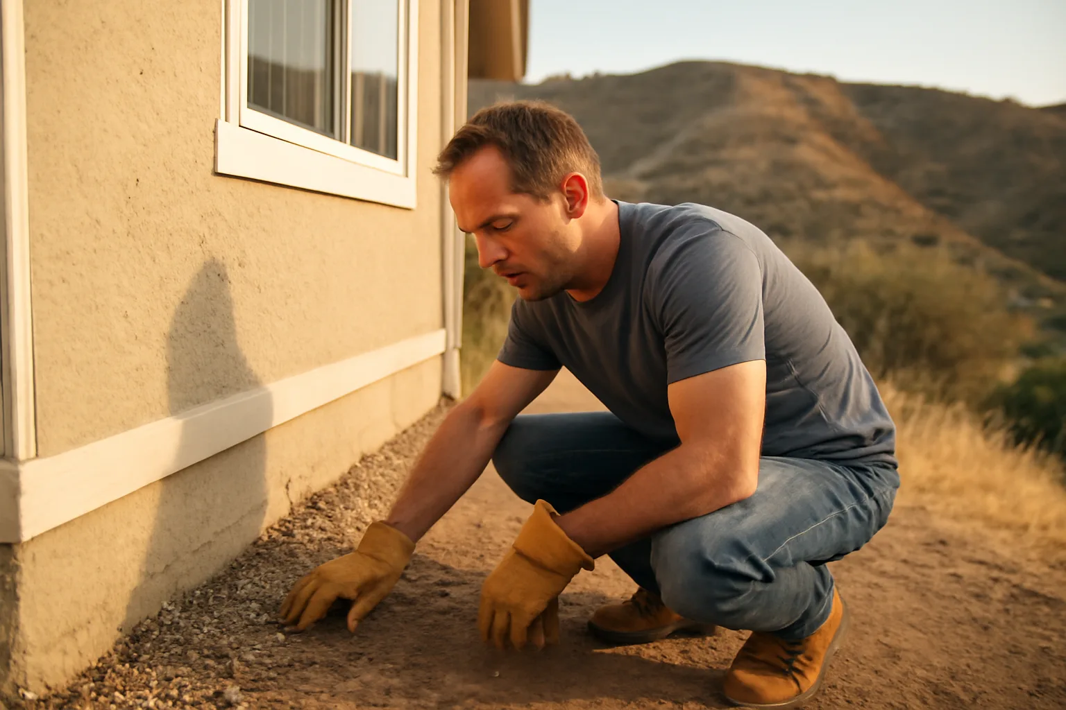Homeowner inspecting bare-ground clearance near a house foundation for a fire hardening and defensible space advisory