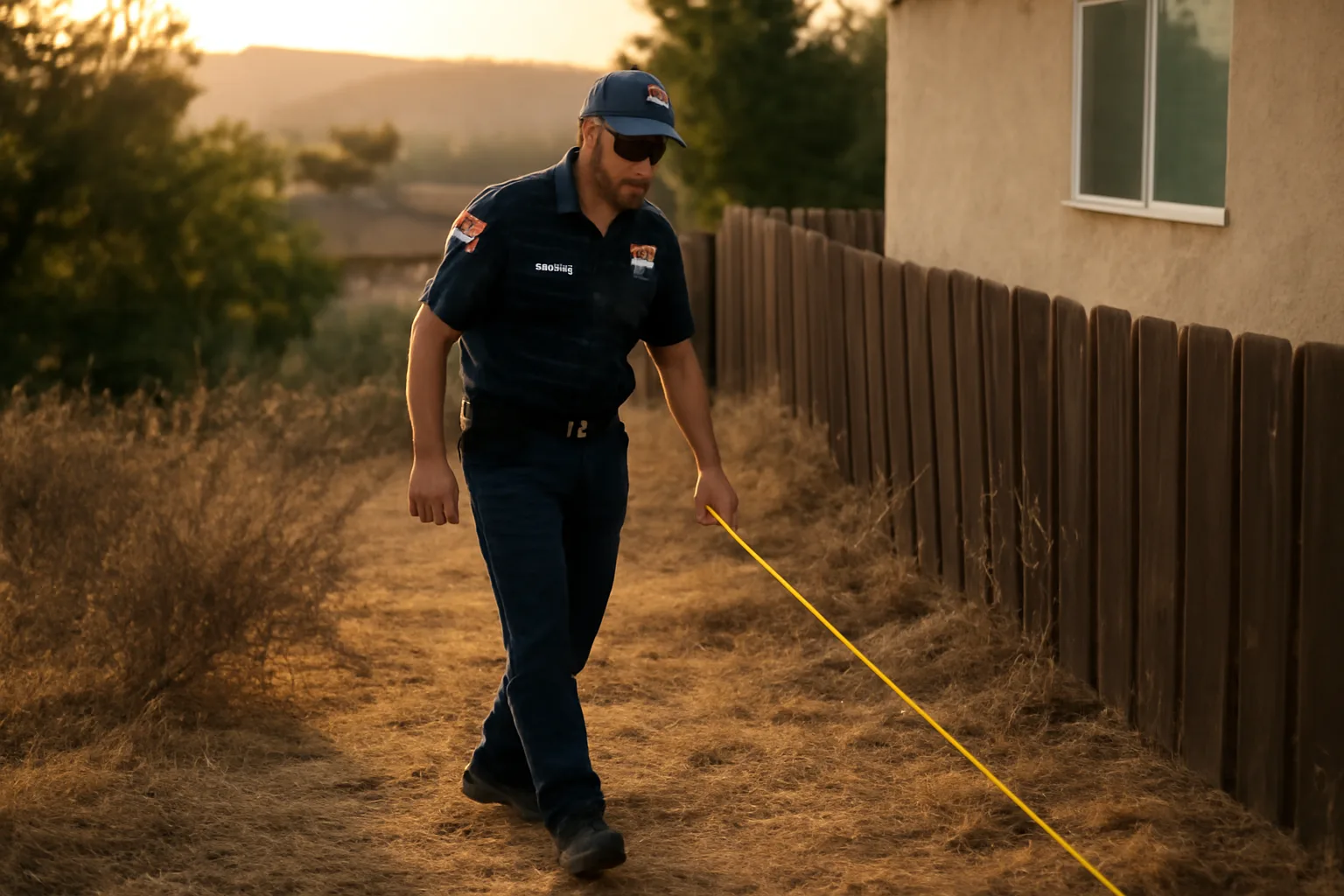 Fire inspector measuring brush clearance near a house during a defensible space inspection