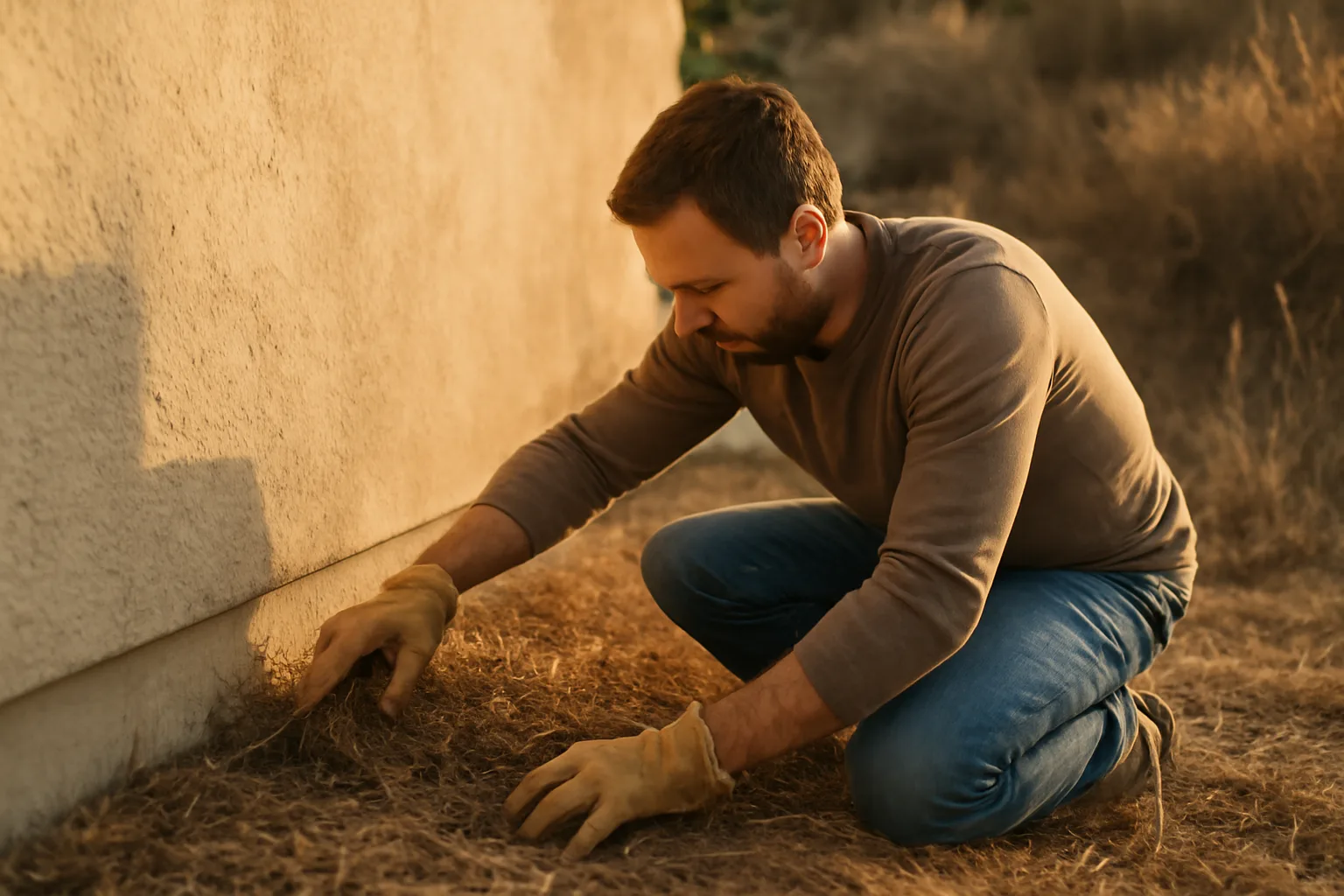 Homeowner clearing combustible mulch from house foundation during a wildfire mitigation assessment