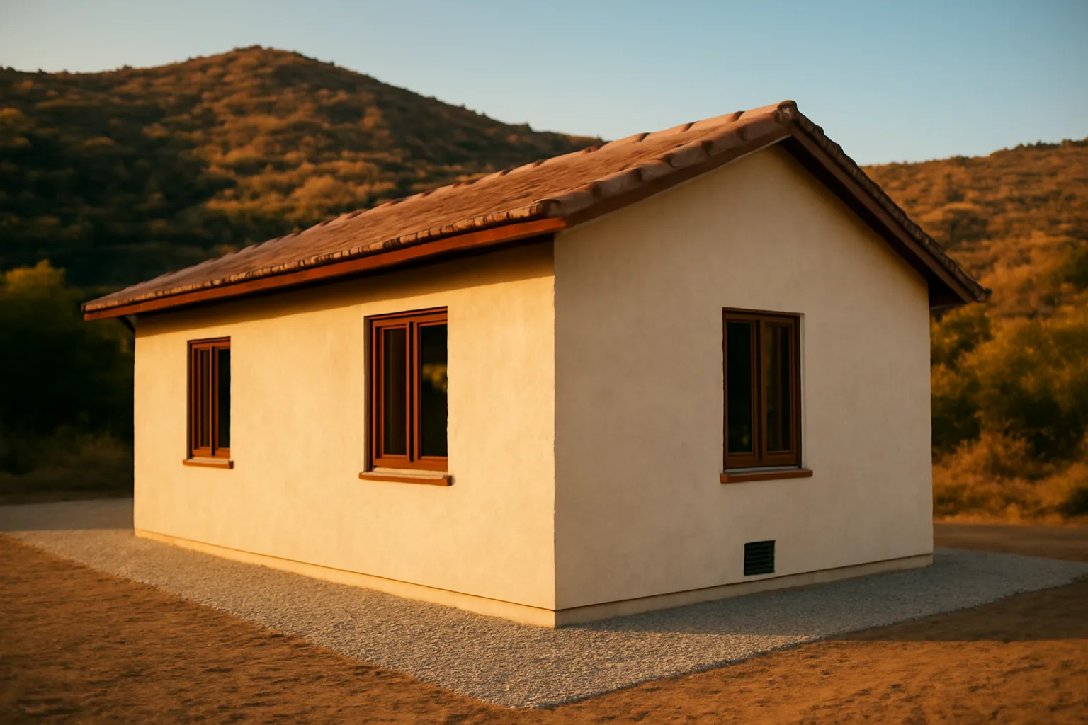 Cleared defensible space gravel zone around a house below a chaparral hillside