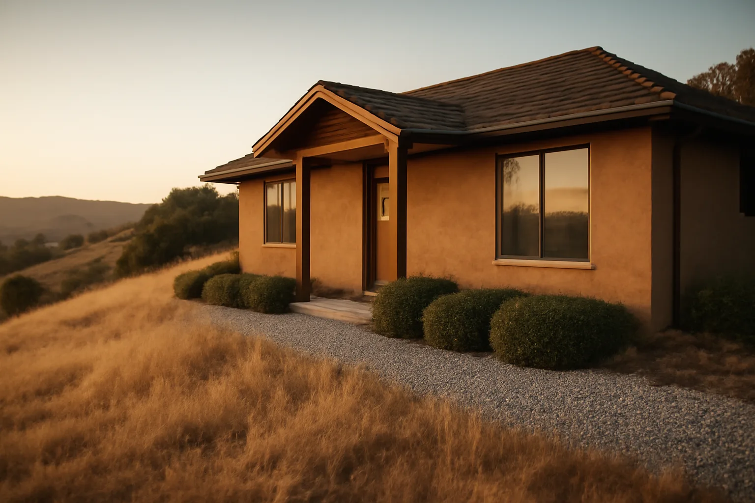 Hillside home showing defensible space zones with gravel near the foundation and cleared brush beyond