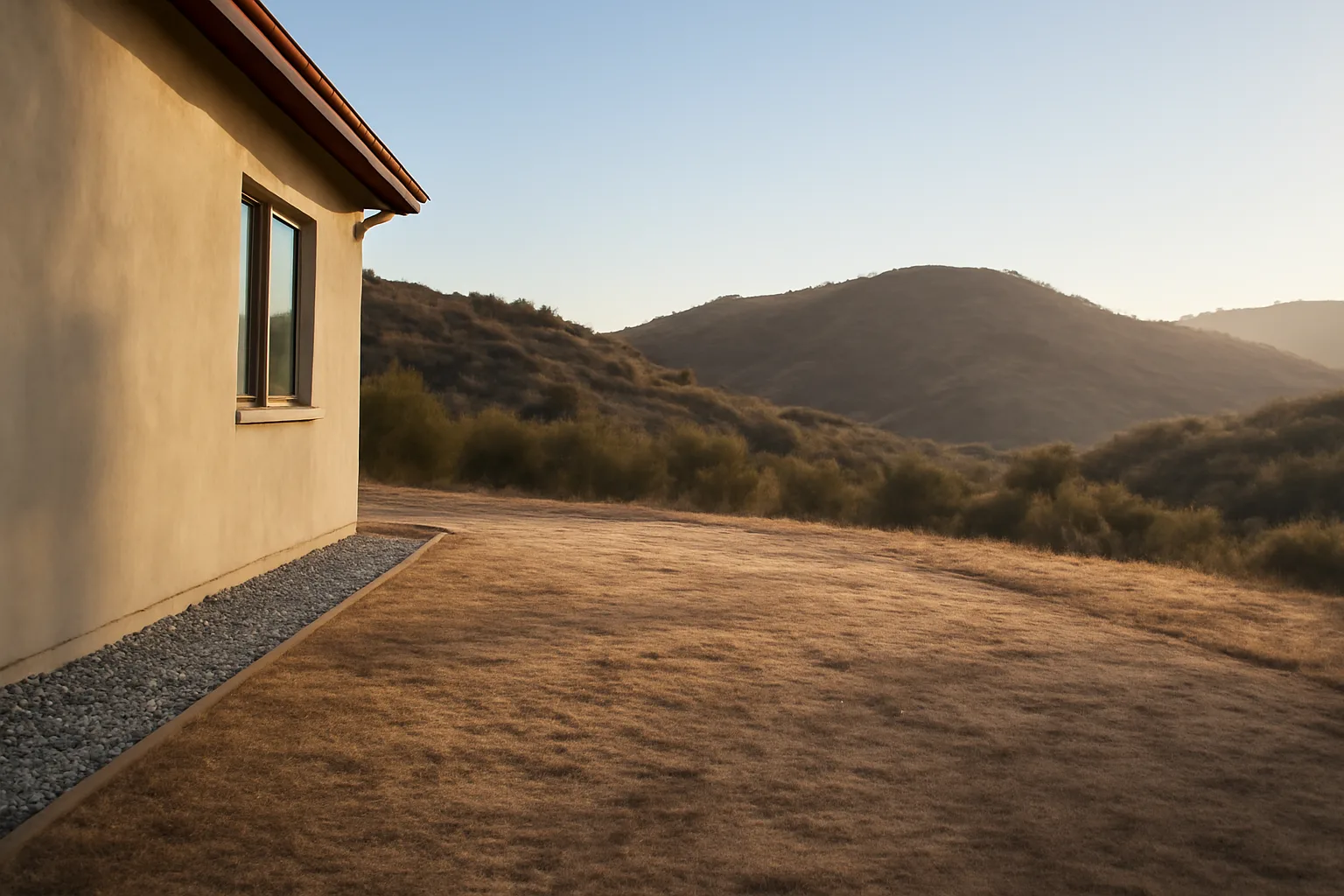 Cleared defensible space zone around a home in a wildfire-prone hillside neighborhood