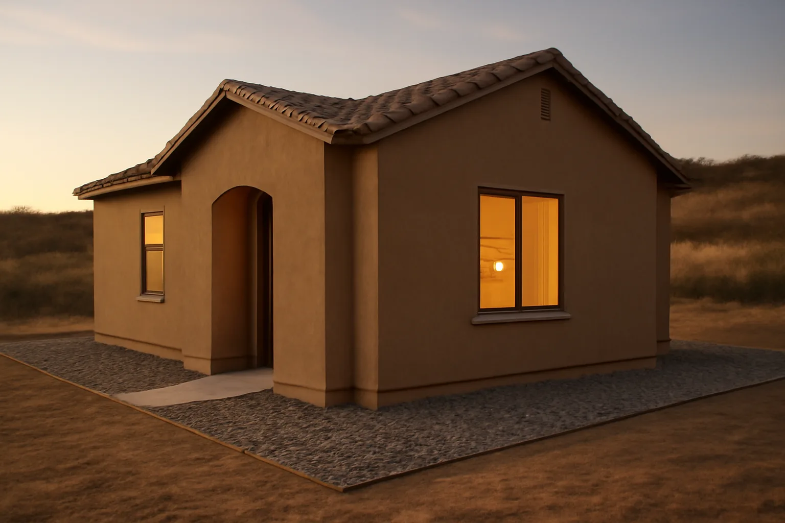 Home with cleared defensible space buffer zone against dry hillside brush at dusk