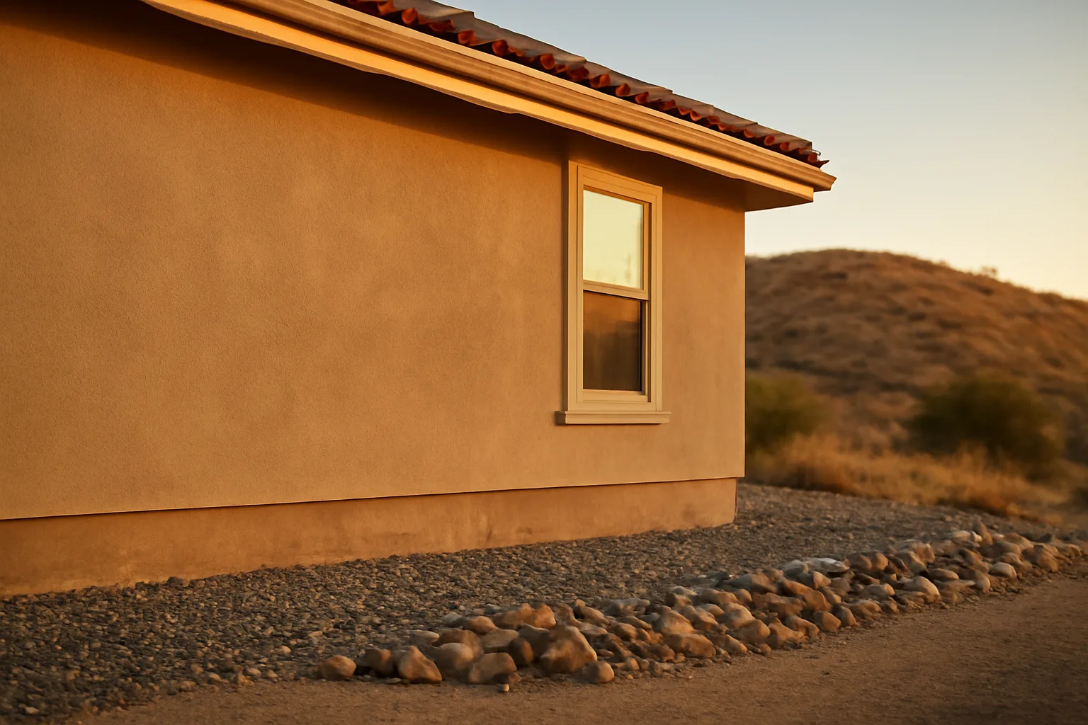 Home exterior showing cleared five-foot ember-resistant zone against a dry wildland hillside