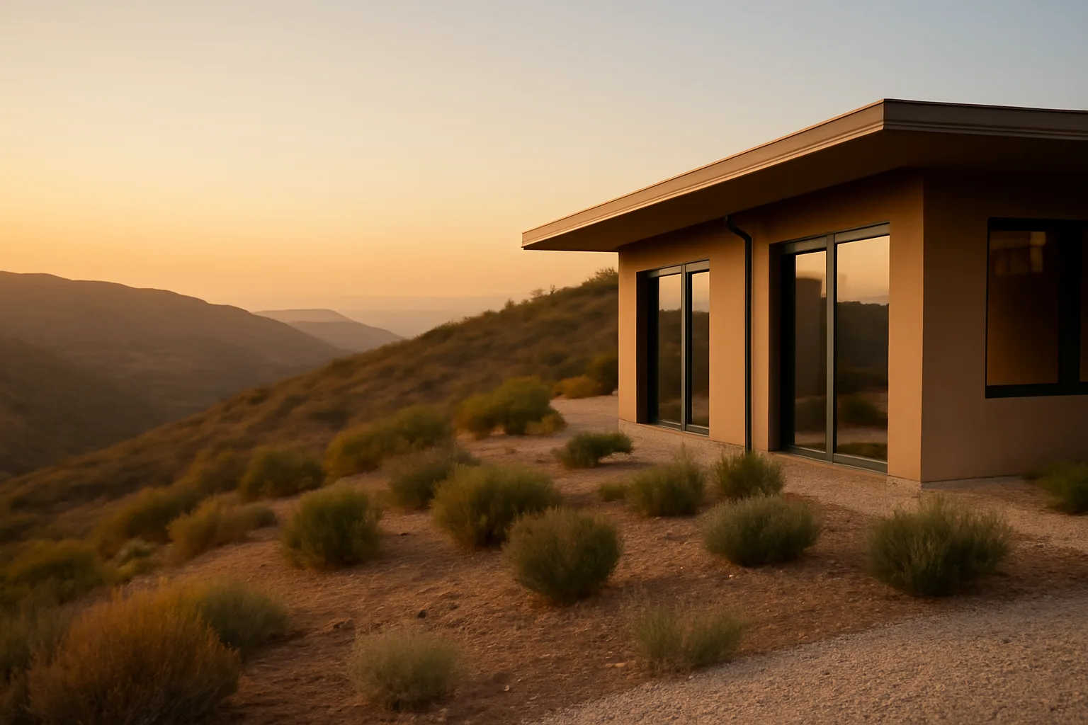 Firescaped hillside yard with gravel zone and spaced shrubs near a home
