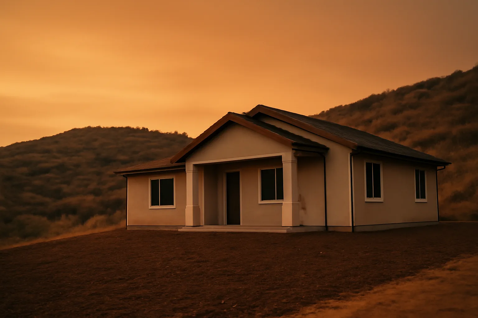 Suburban home with cleared defensible space against a smoky hillside sky at dusk
