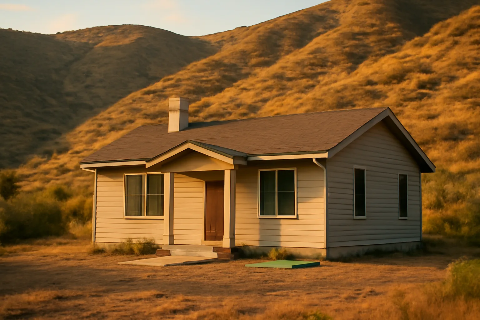 Hillside California home with cleared defensible space before dry chaparral hills