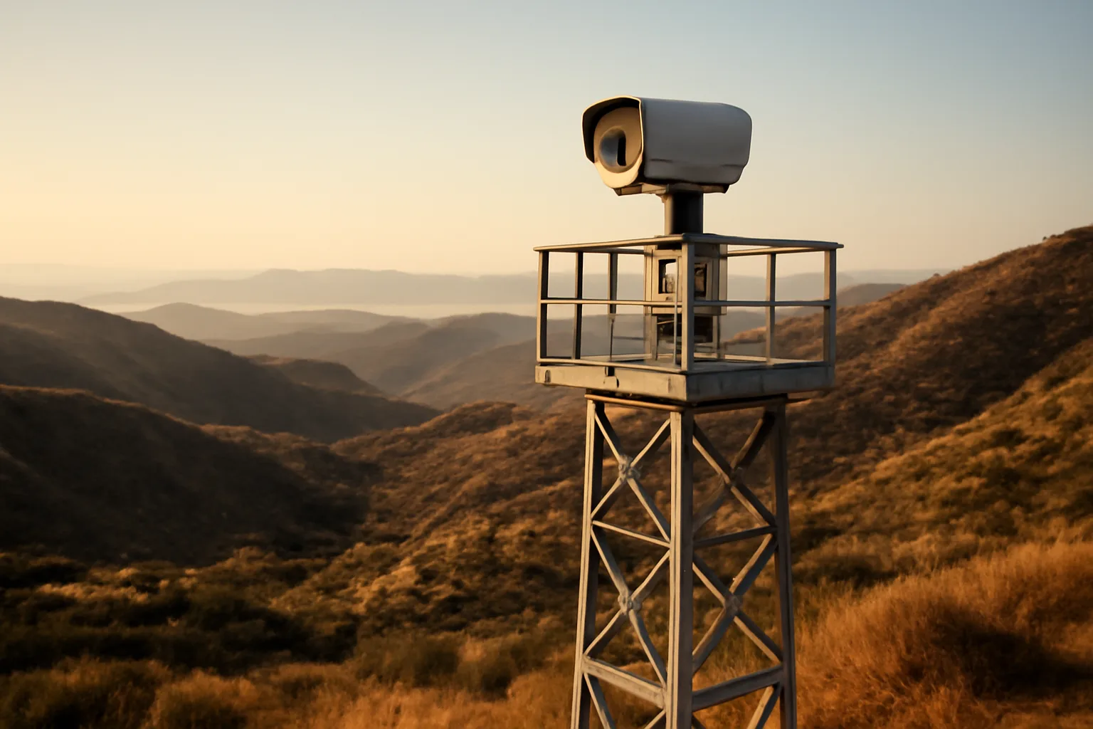 Mountaintop camera tower used for AI wildfire risk mitigation and smoke detection