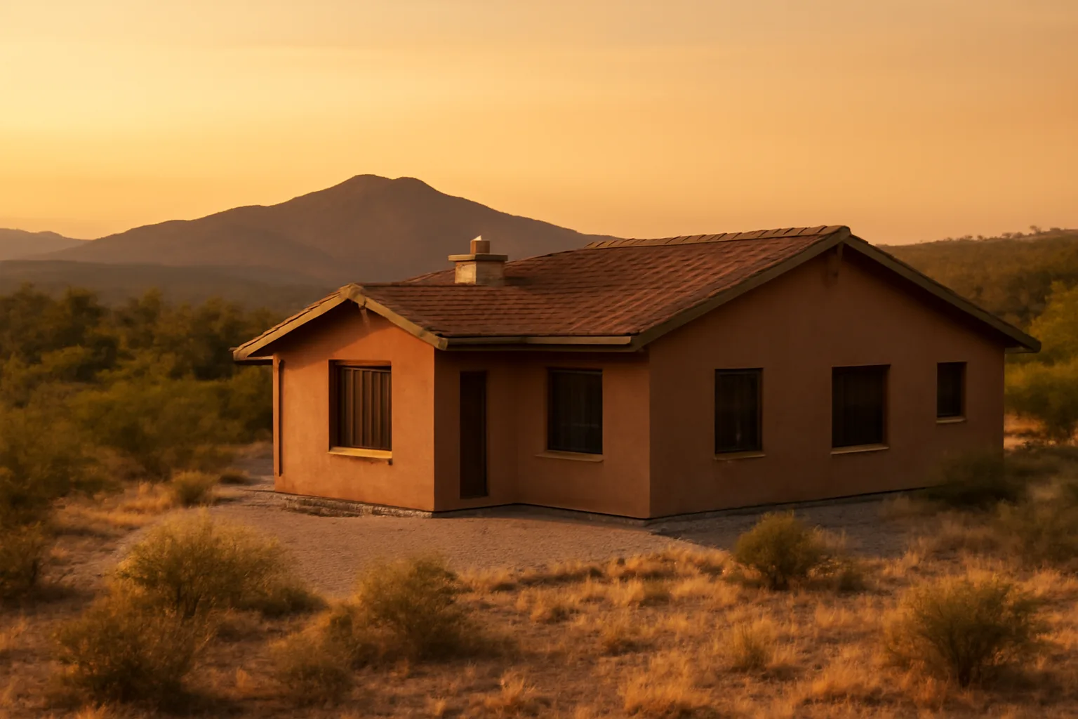 Arizona home with cleared defensible space buffer against a wildfire-prone hillside at dusk