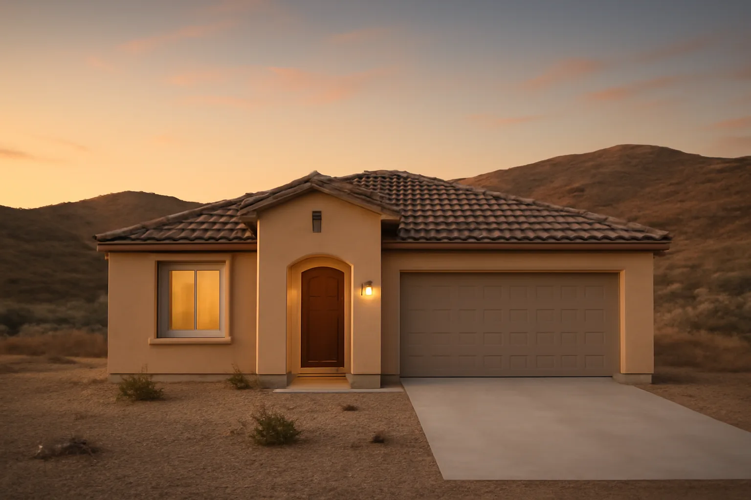 Home with cleared noncombustible zone around foundation against dry hillside at dusk