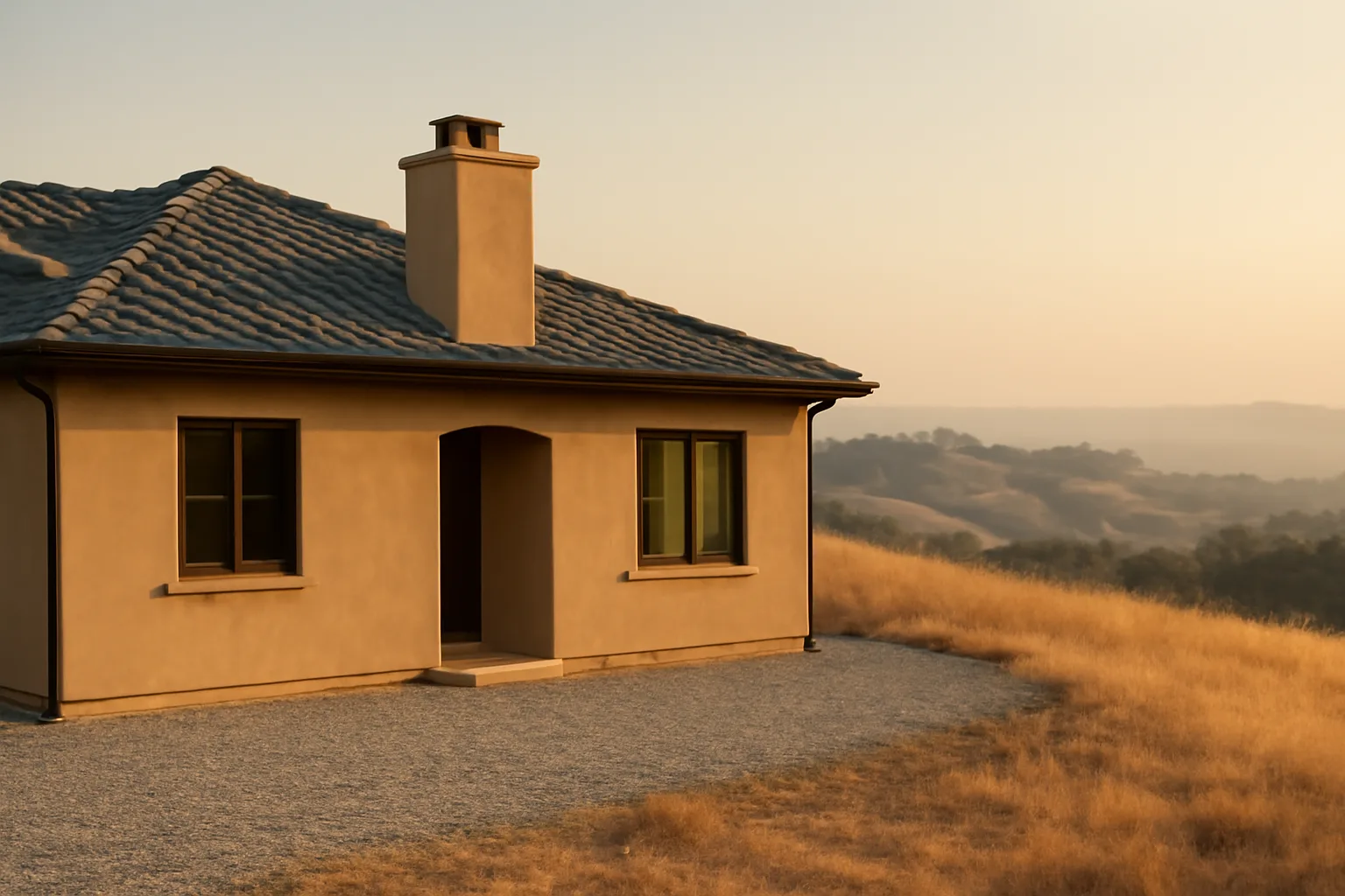 California hillside home with fire-resistant tile roof and cleared defensible space perimeter
