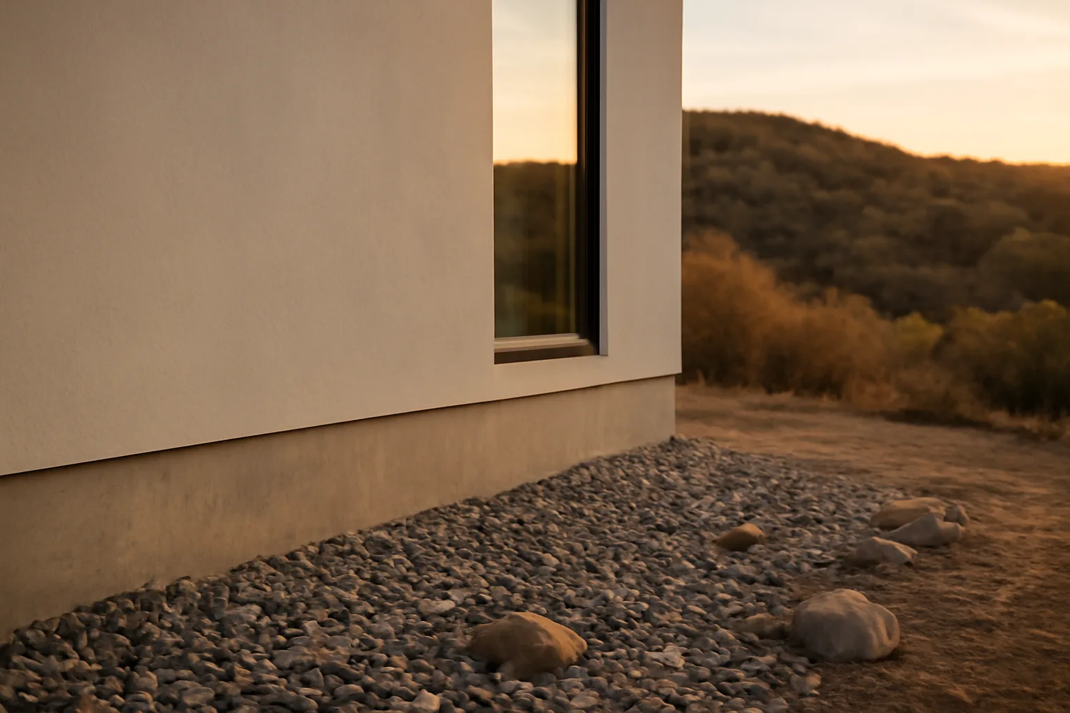 Home exterior with gravel ember-resistant zone next to wall and cleared brush hillside beyond