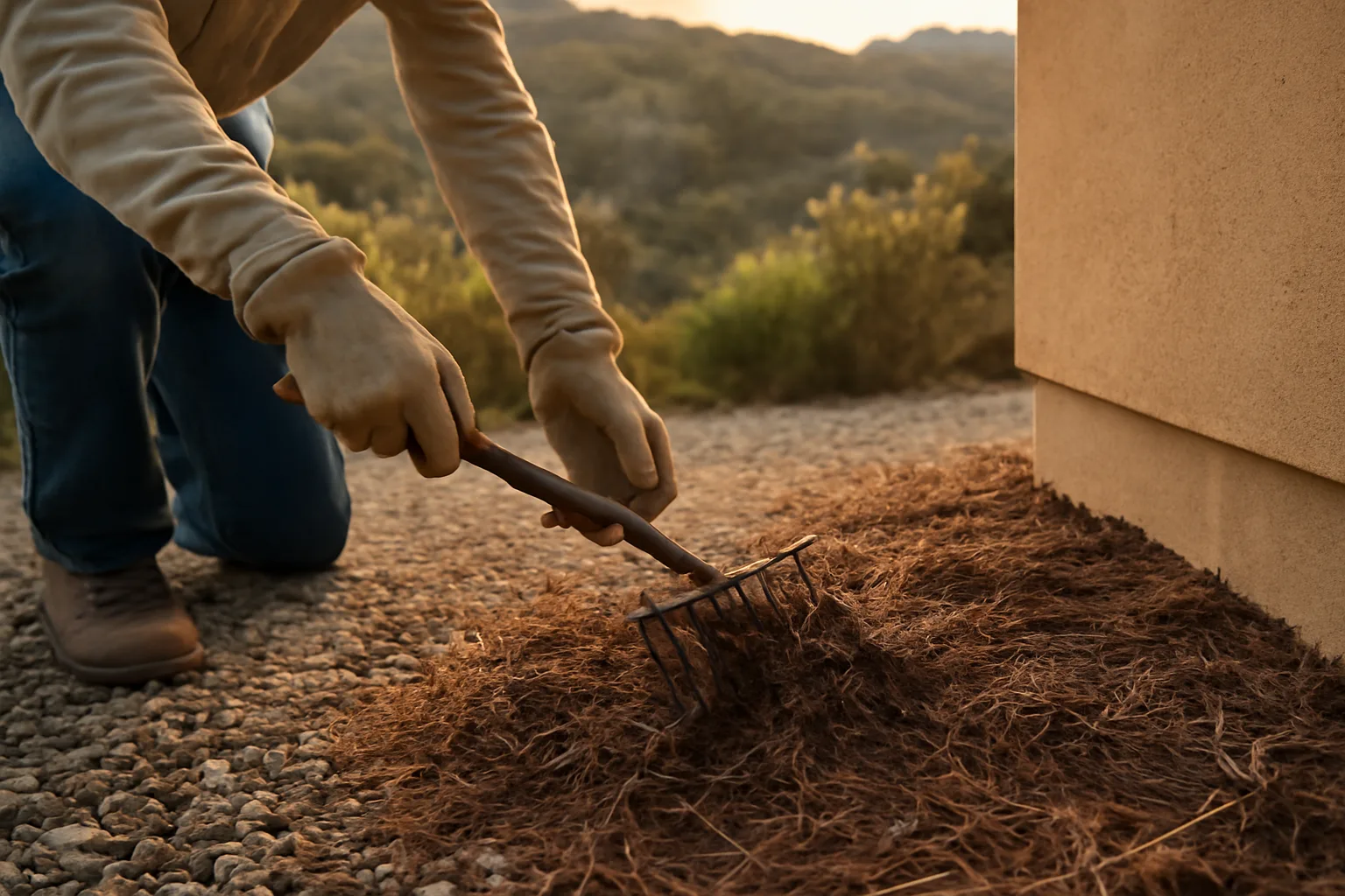 Homeowner clearing dry needles from a defensible space zone near a house foundation