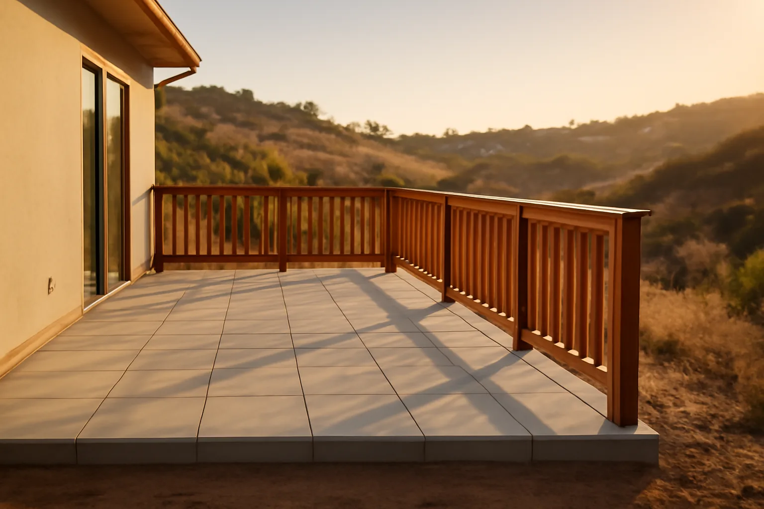 Concrete paver deck with cleared five-foot buffer zone against dry hillside brush