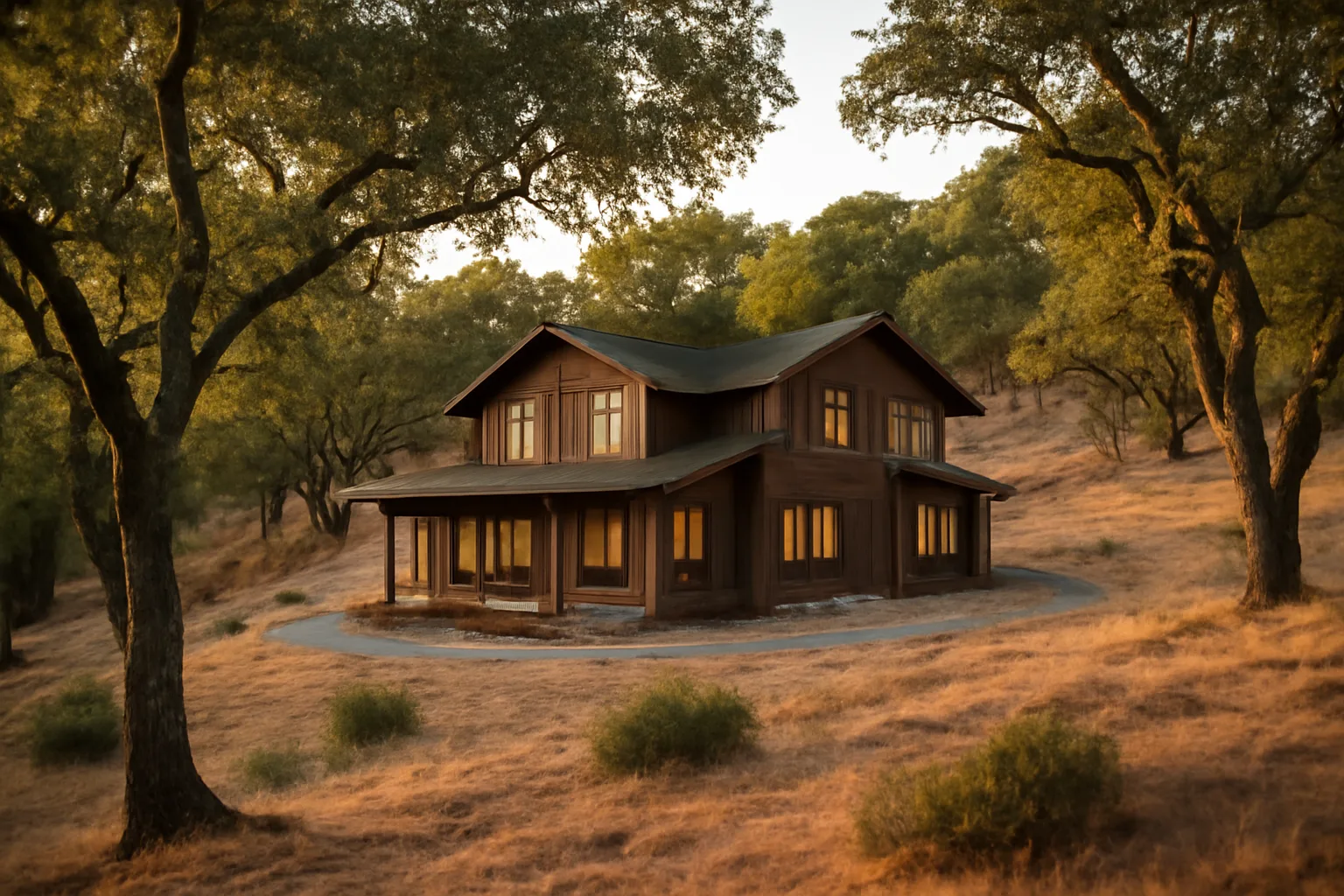 Hillside California home showing cleared defensible space zones around the foundation