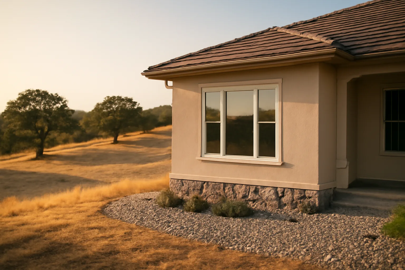 Home with gravel defensible space perimeter and spaced trees on a California hillside