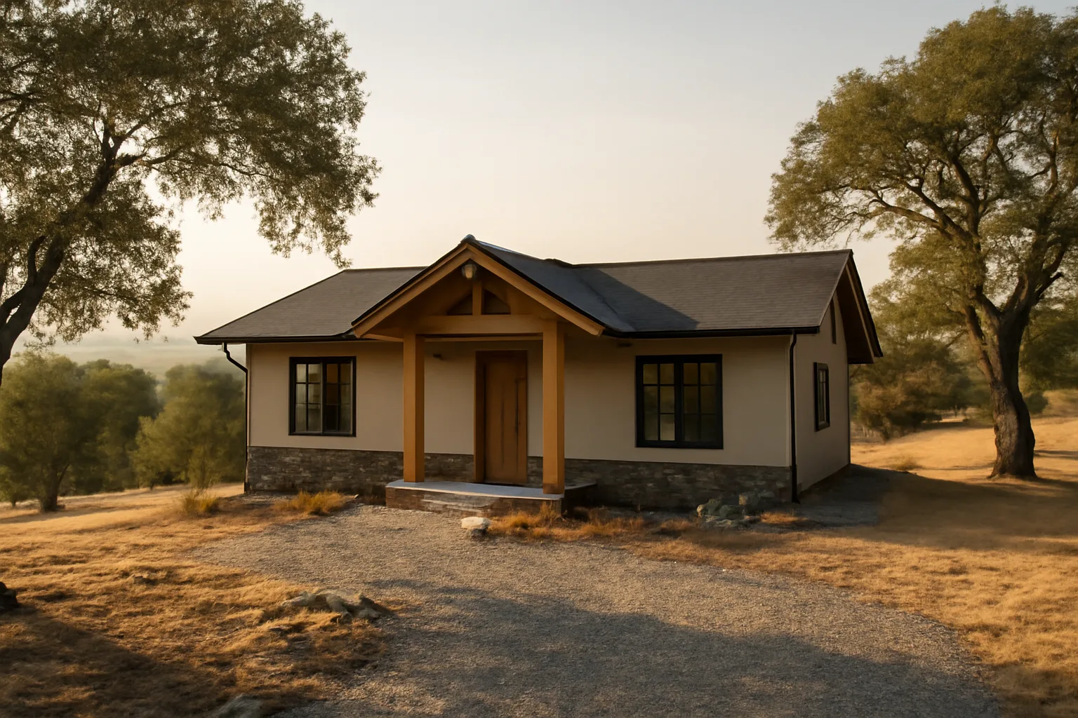 Home with cleared defensible space zone against a California wildland hillside at dusk