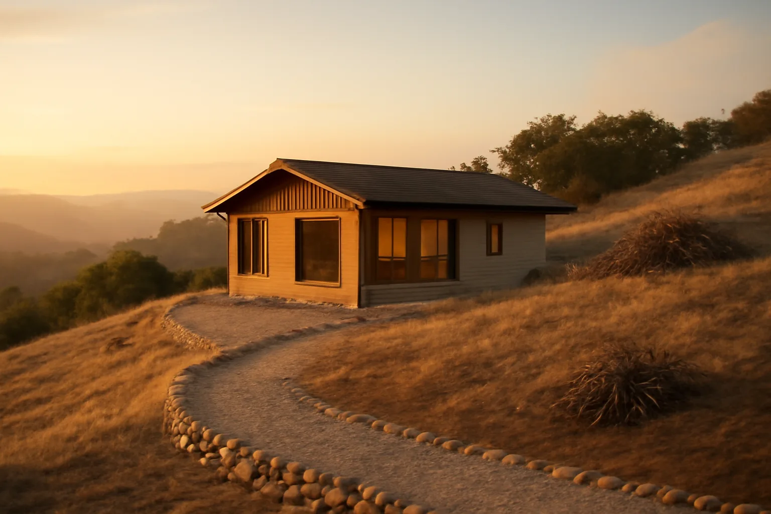 Home with cleared defensible space zone between structure and dry hillside grass