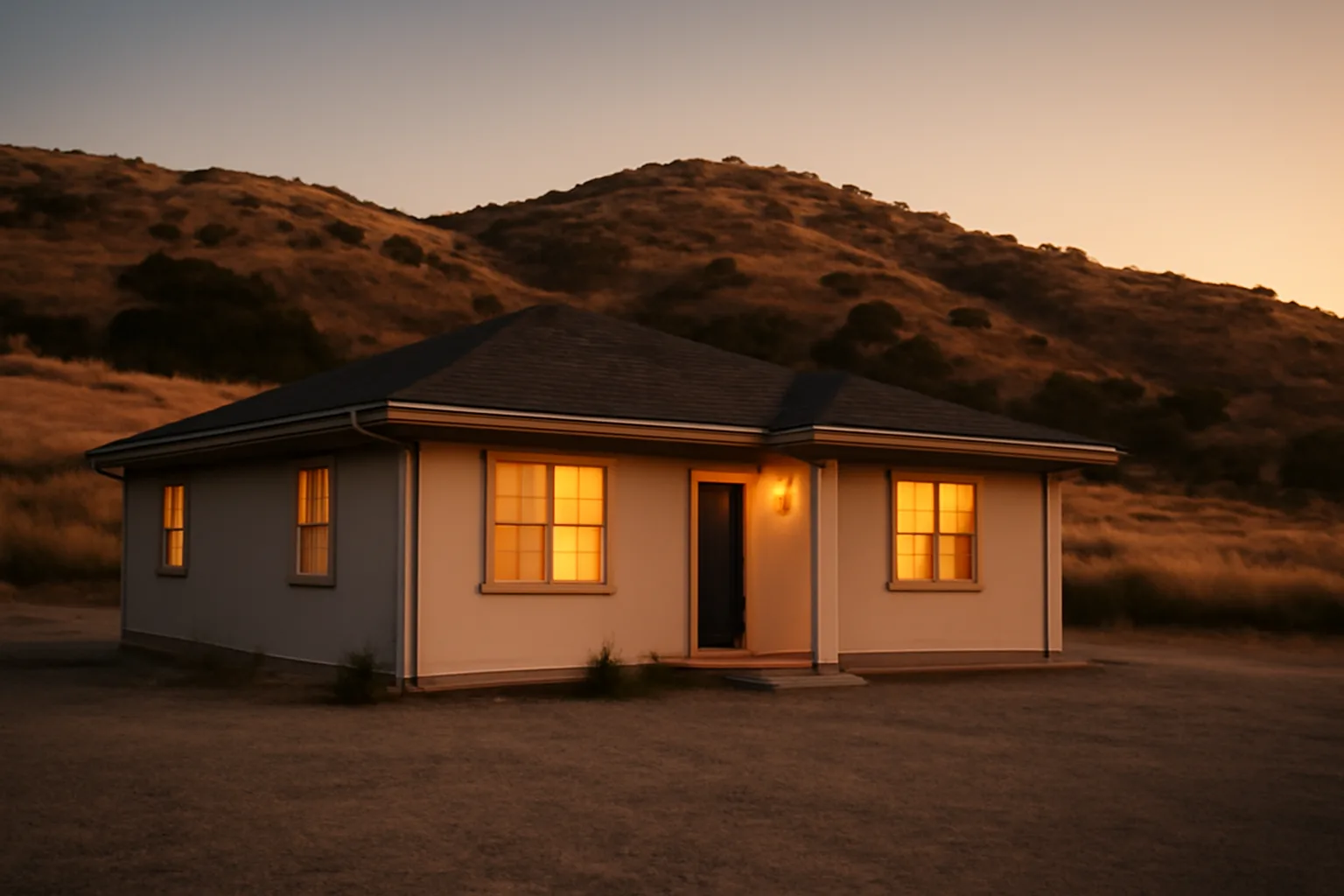 California home with cleared gravel defensible space zone against dry hillside brush