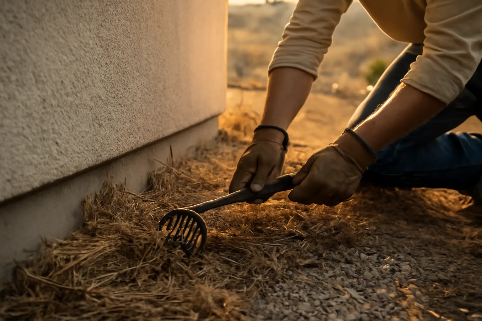 Homeowner clearing brush from the defensible space zone next to a house foundation