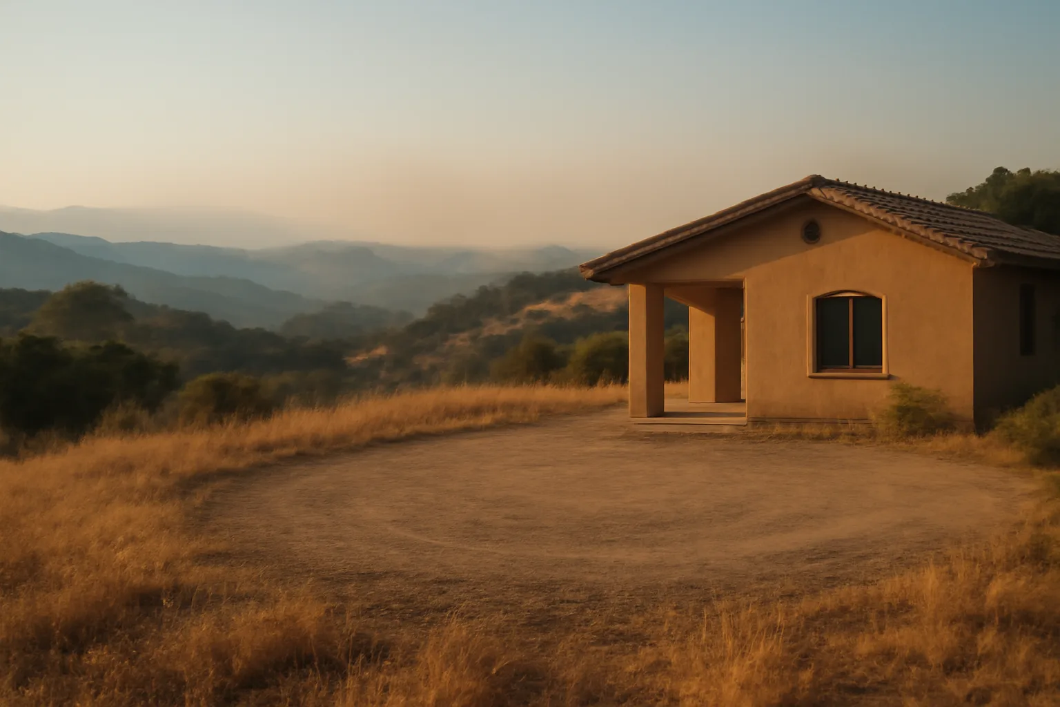 Cleared defensible space zone around a California hillside home with smoke haze in distance