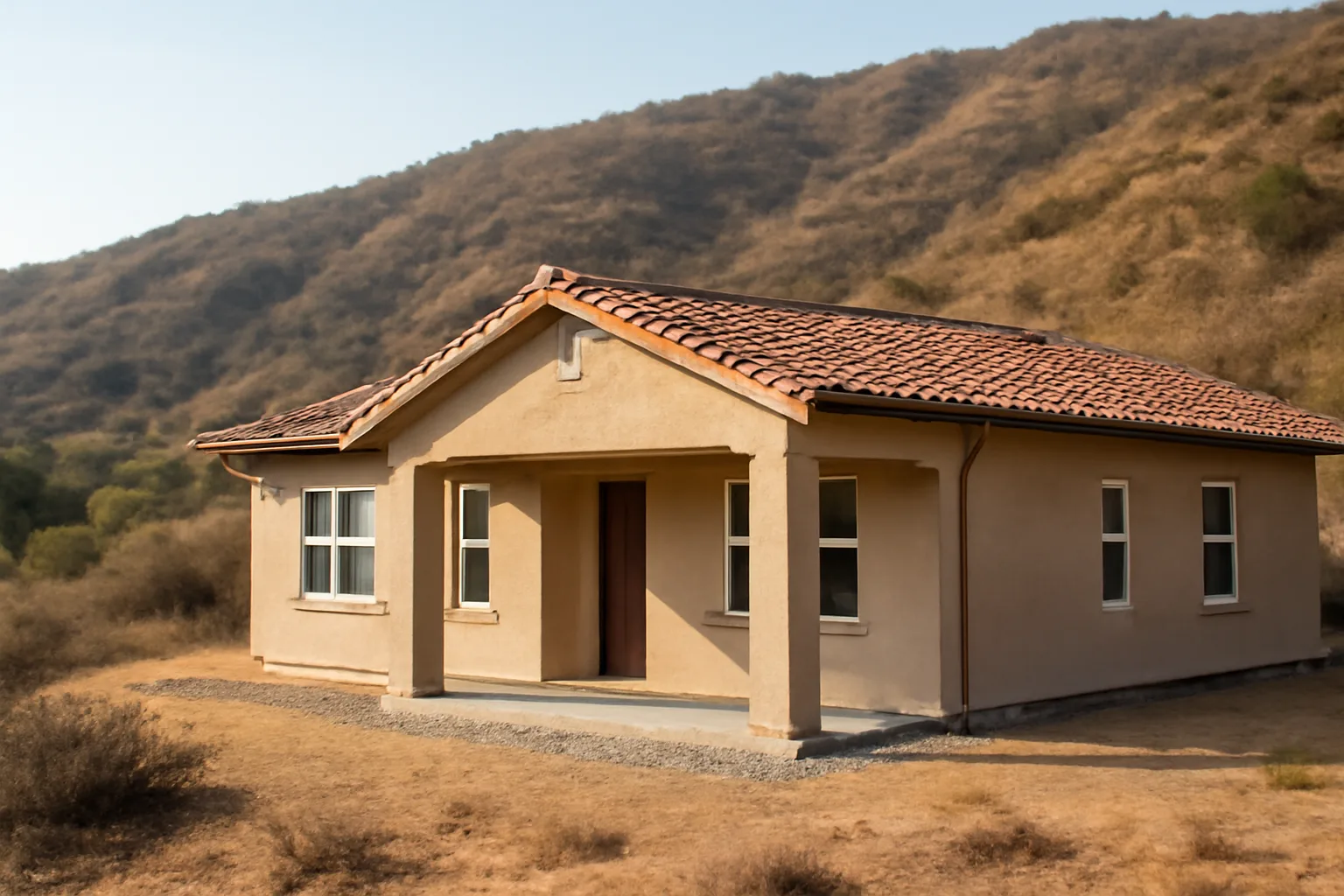 California hillside home showing cleared defensible space zone against dry chaparral slope