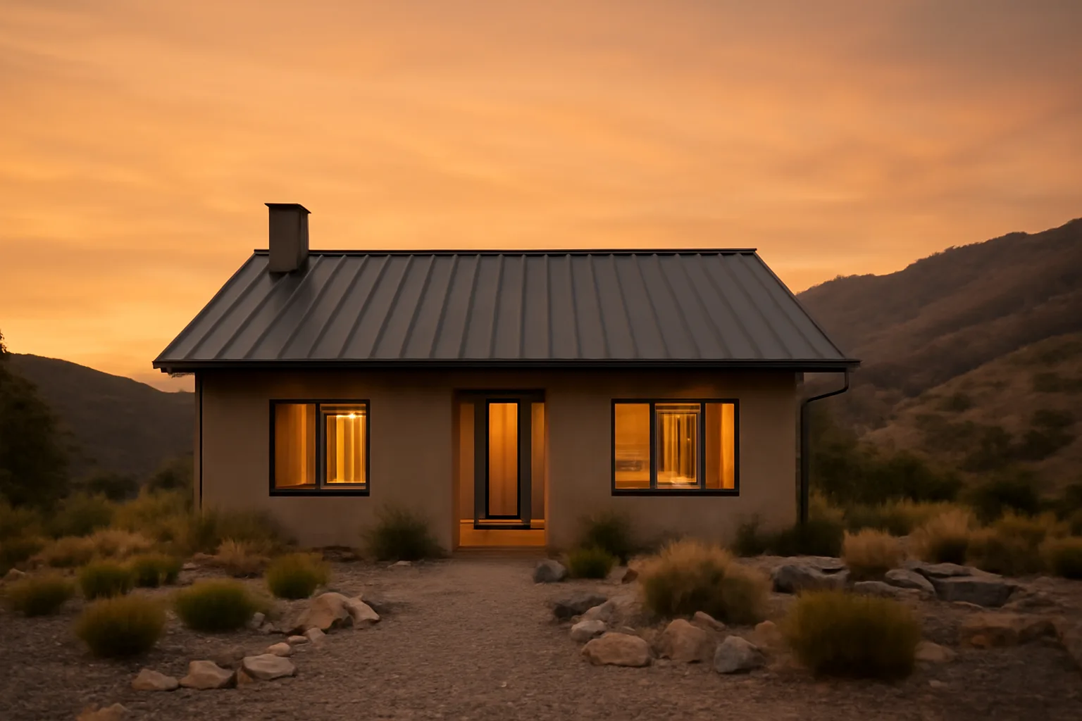 Hardened hillside home with metal roof and cleared defensible space near wildland hills