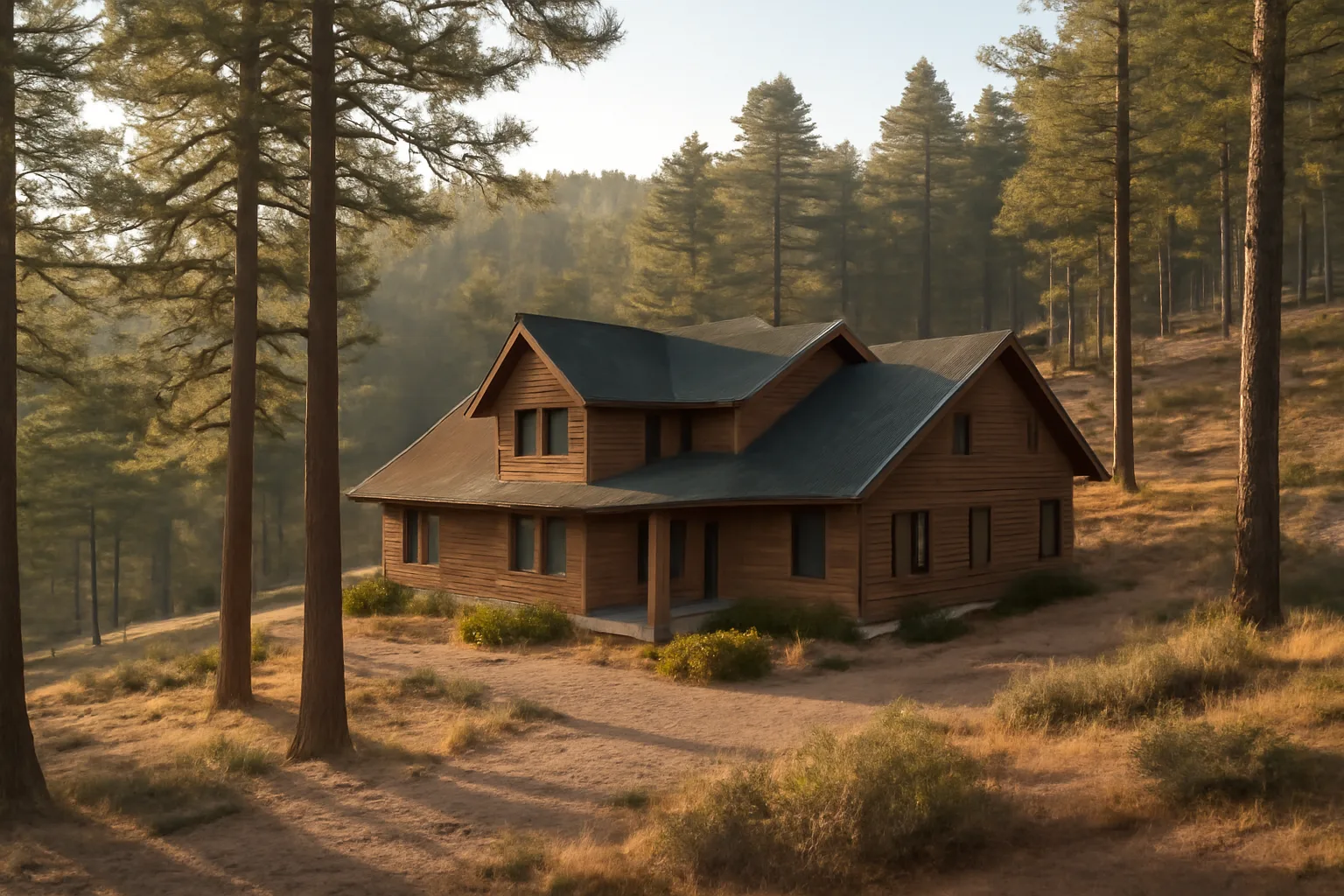 Cleared defensible space zone around a home on a pine-covered Colorado Springs hillside