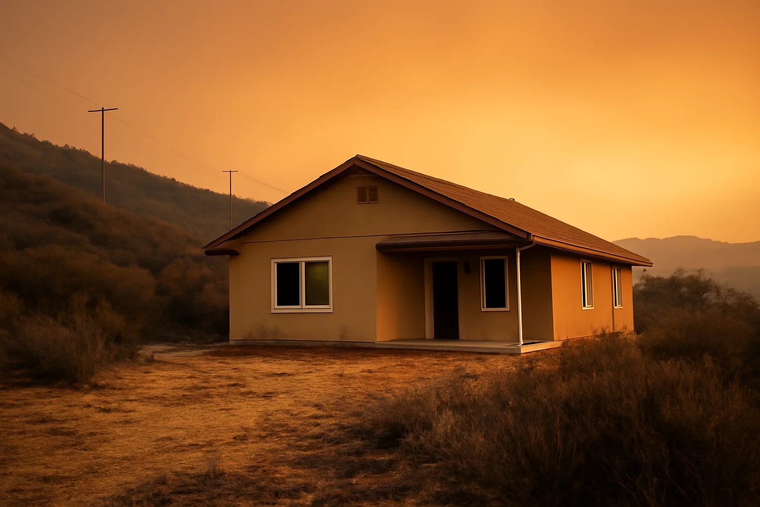Home with cleared defensible space zone against a hillside near power lines at dusk